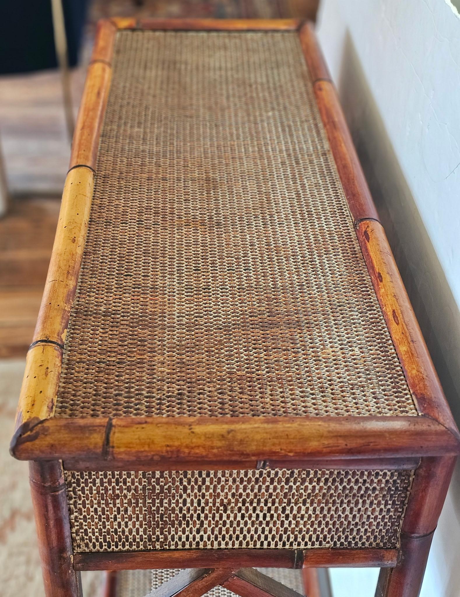 Organic Modern Rattan & Bamboo Vintage Nantucket Console Table with Two Drawers For Sale