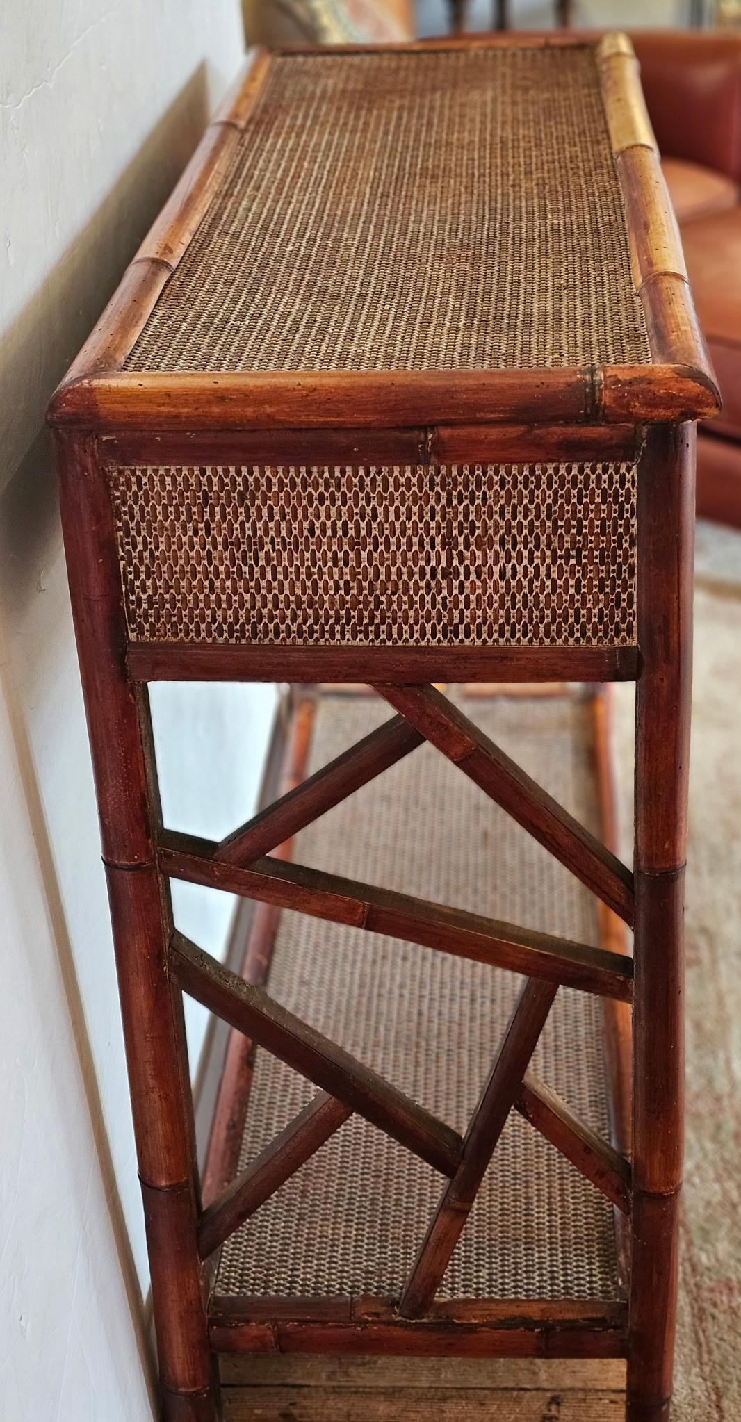 Late 20th Century Rattan & Bamboo Vintage Nantucket Console Table with Two Drawers For Sale