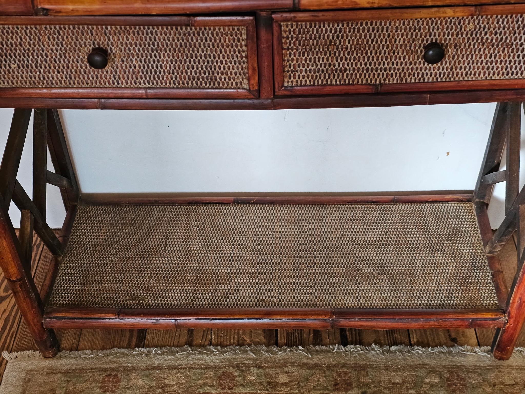 Rattan & Bamboo Vintage Nantucket Console Table with Two Drawers For Sale 1