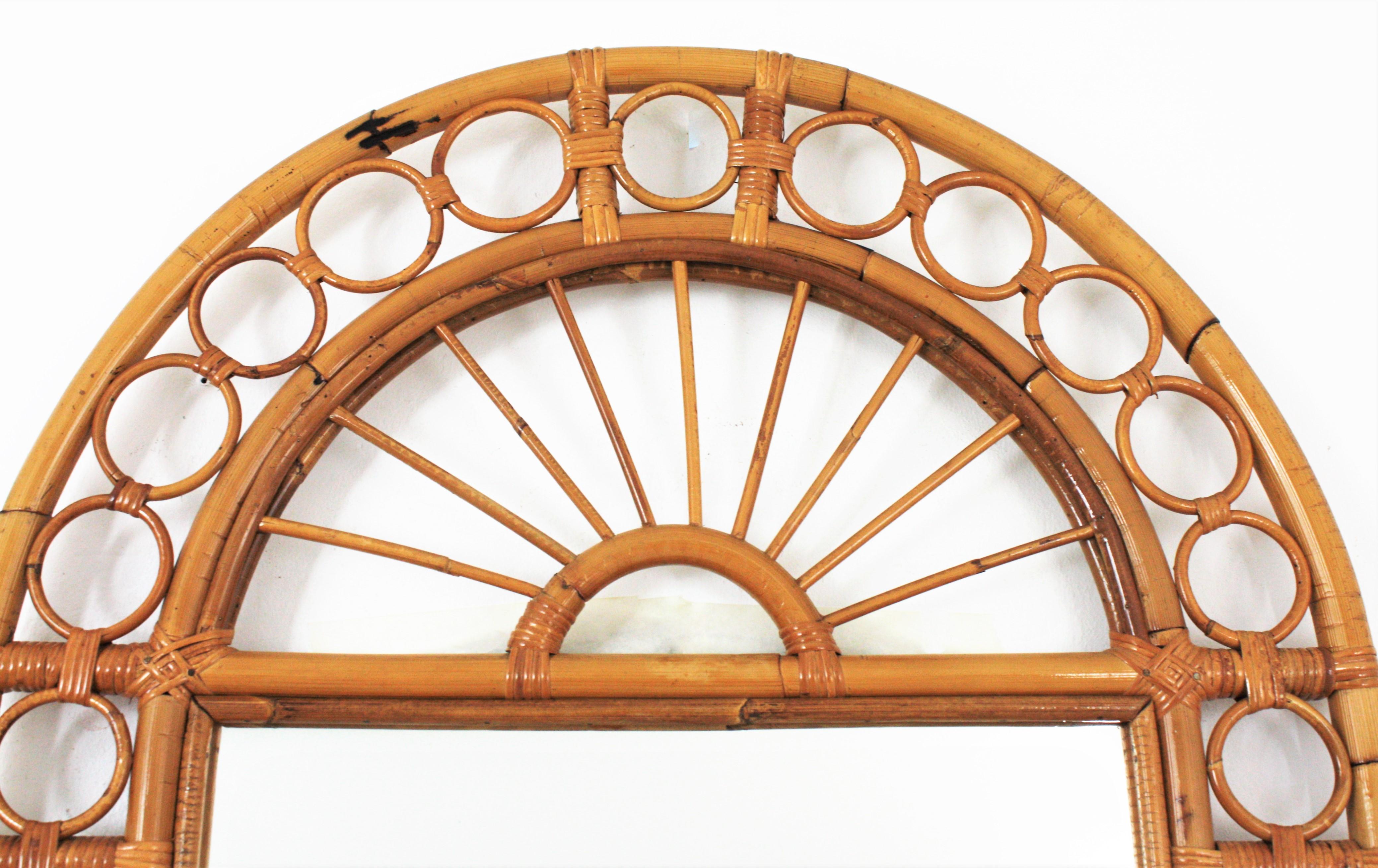 Mid-Century Modern Rattan Bamboo Wall Mirror with Rings Frame, Franco Albini Style