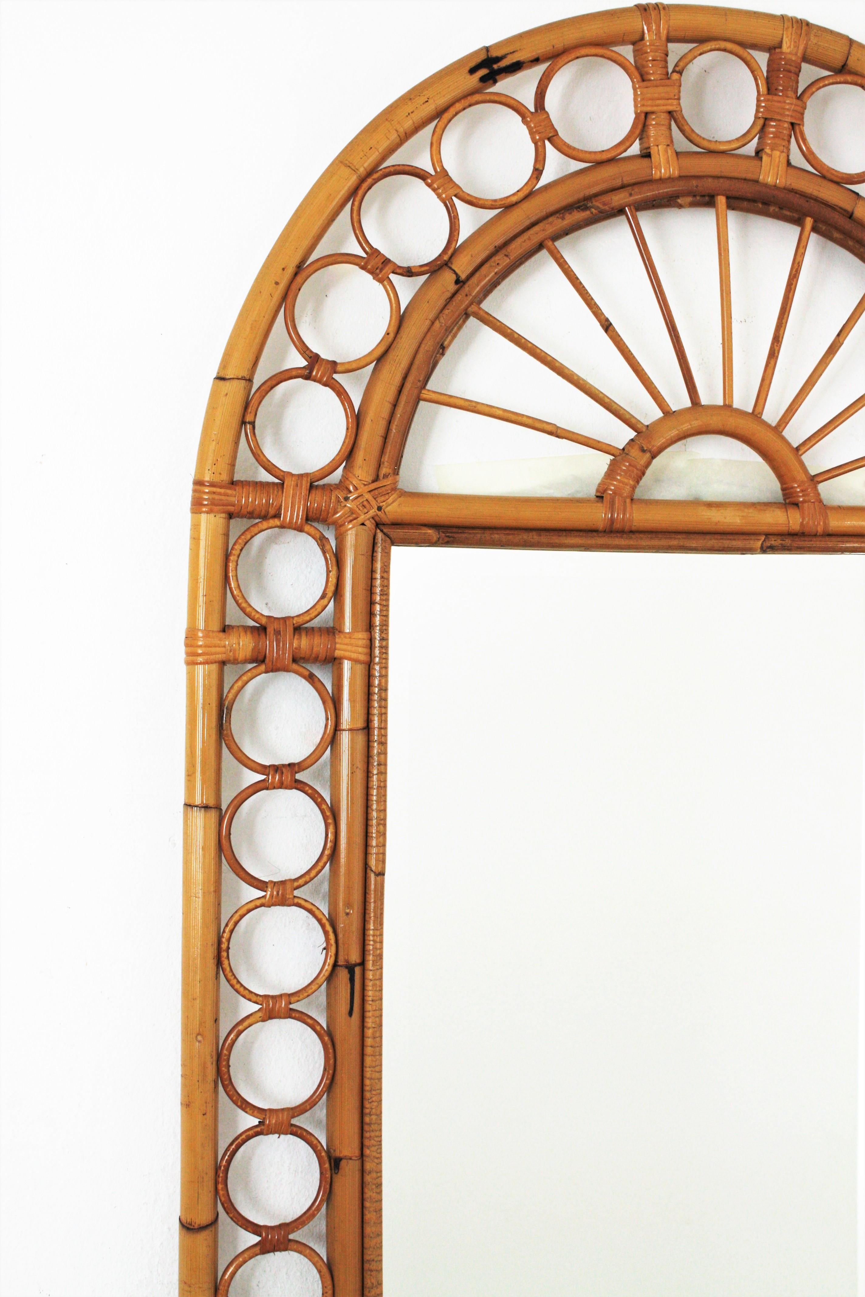 Italian Rattan Bamboo Wall Mirror with Rings Frame, Franco Albini Style