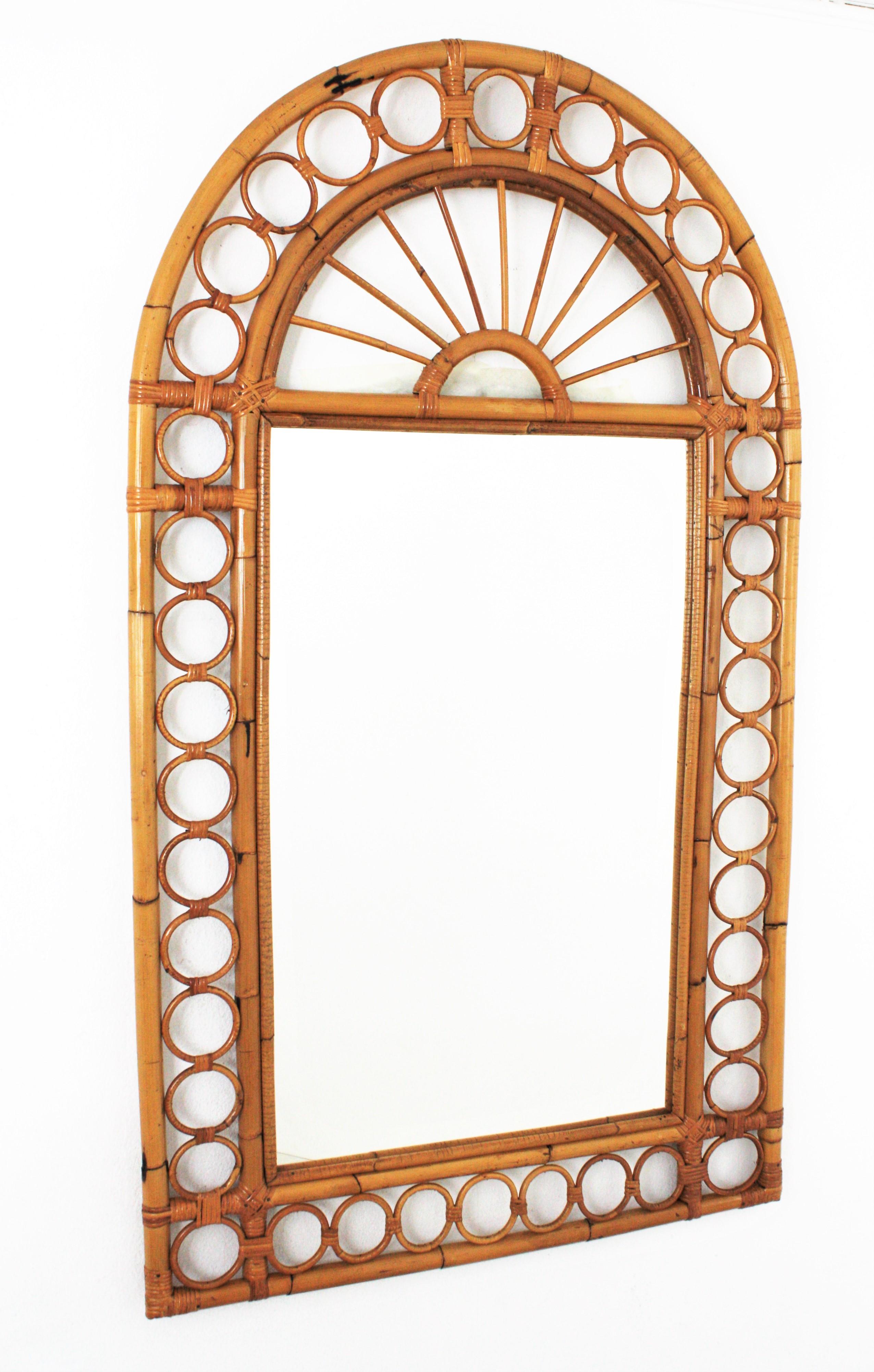 Rattan Bamboo Wall Mirror with Rings Frame, Franco Albini Style In Good Condition In Barcelona, ES
