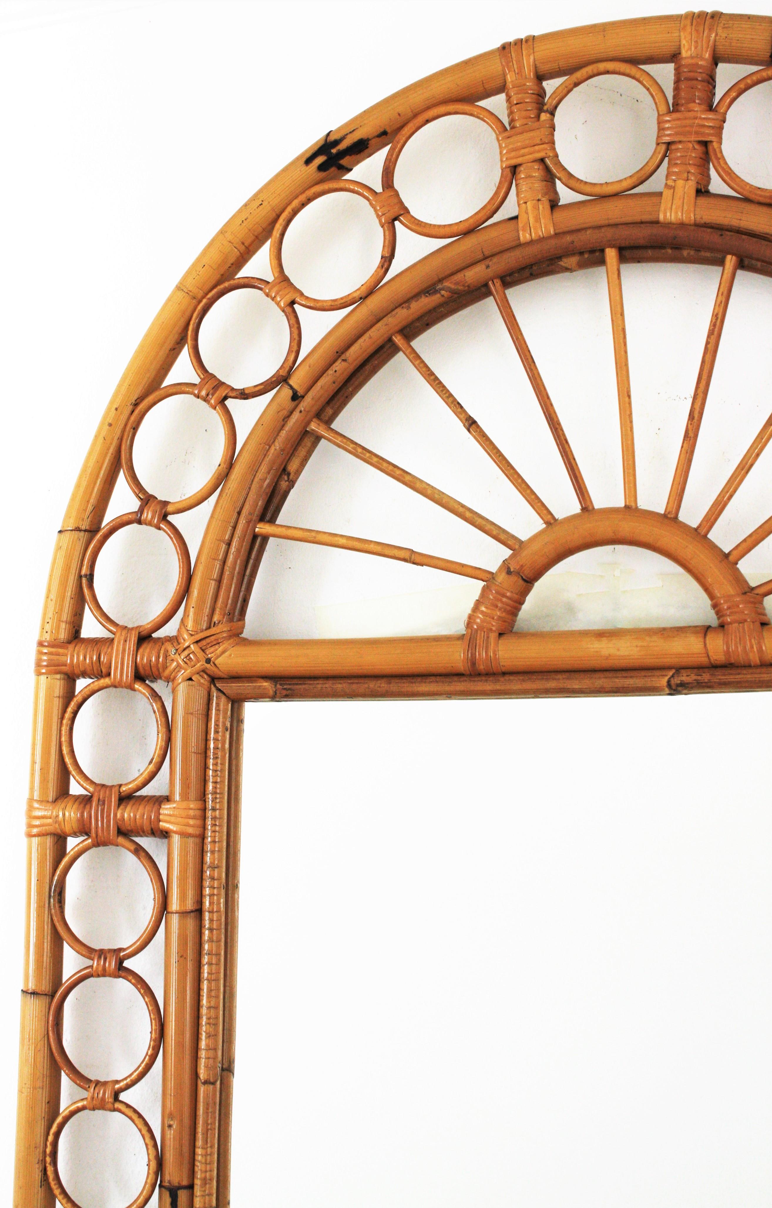 Rattan Bamboo Wall Mirror with Rings Frame, Franco Albini Style 2