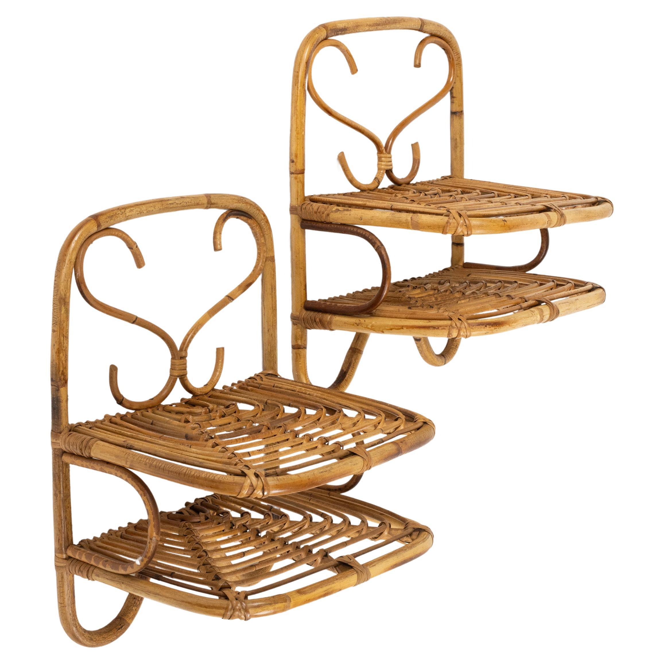 Étagère murale ou table d'appoint suspendue en rotin et bambou style Franco Albini, Italie, années 1960