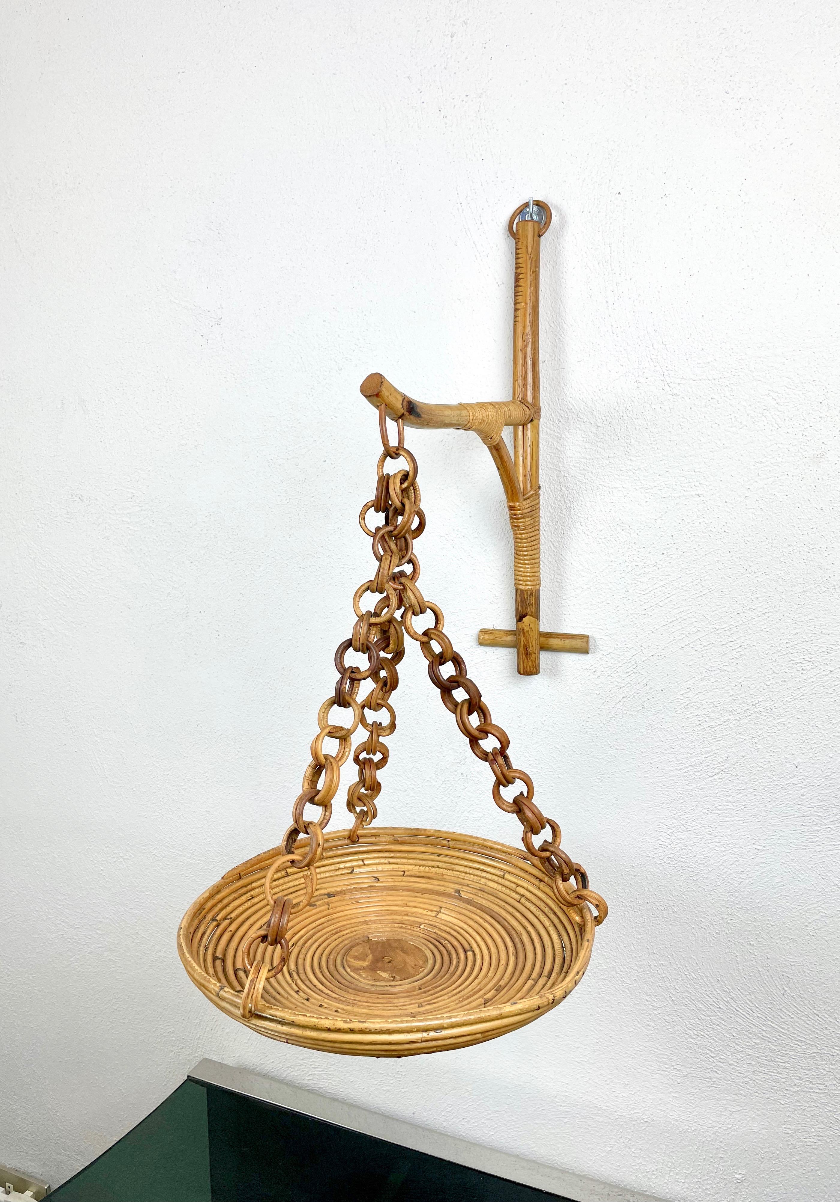 Mid-Century Modern Rattan & Bamboo Wall Stand Flower Plant Holder, Italy, 1960s For Sale