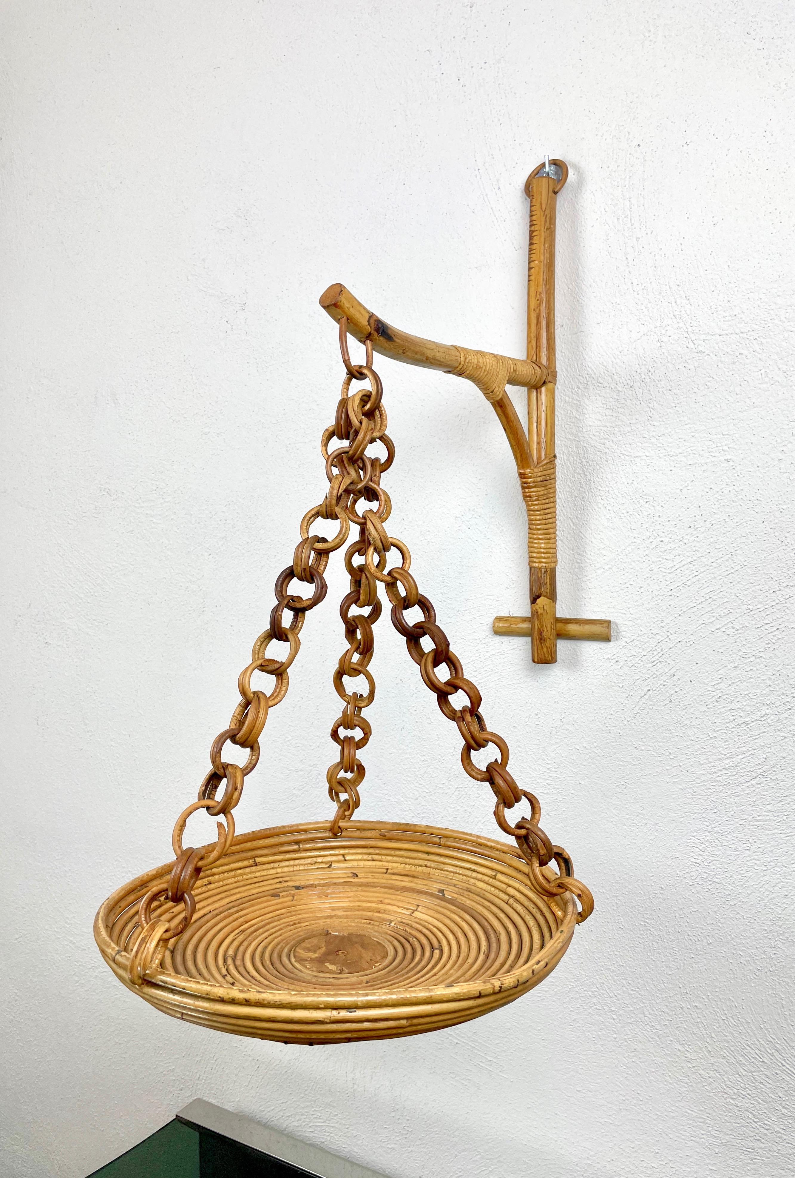 Mid-20th Century Rattan & Bamboo Wall Stand Flower Plant Holder, Italy, 1960s For Sale