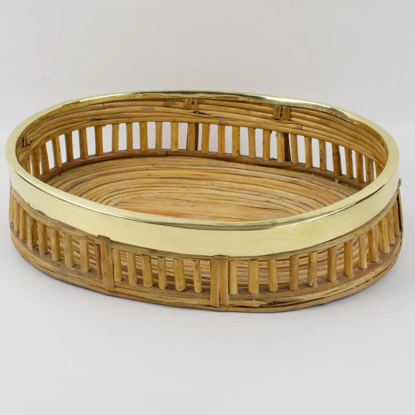 Mid-Century Modern Rattan Bamboo Wicker and Brass Bowl Basket Centerpiece, Italy 1960s For Sale