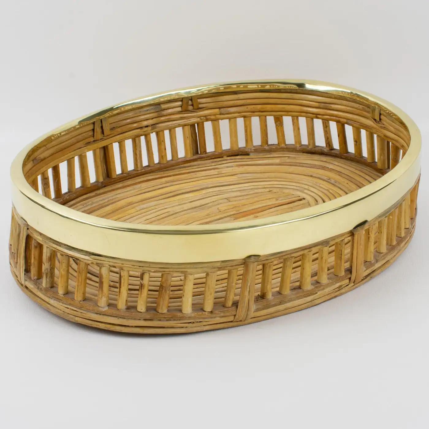 Mid-Century Modern Rattan Bamboo Wicker and Brass Bowl Basket Centerpiece, Italy 1960s For Sale