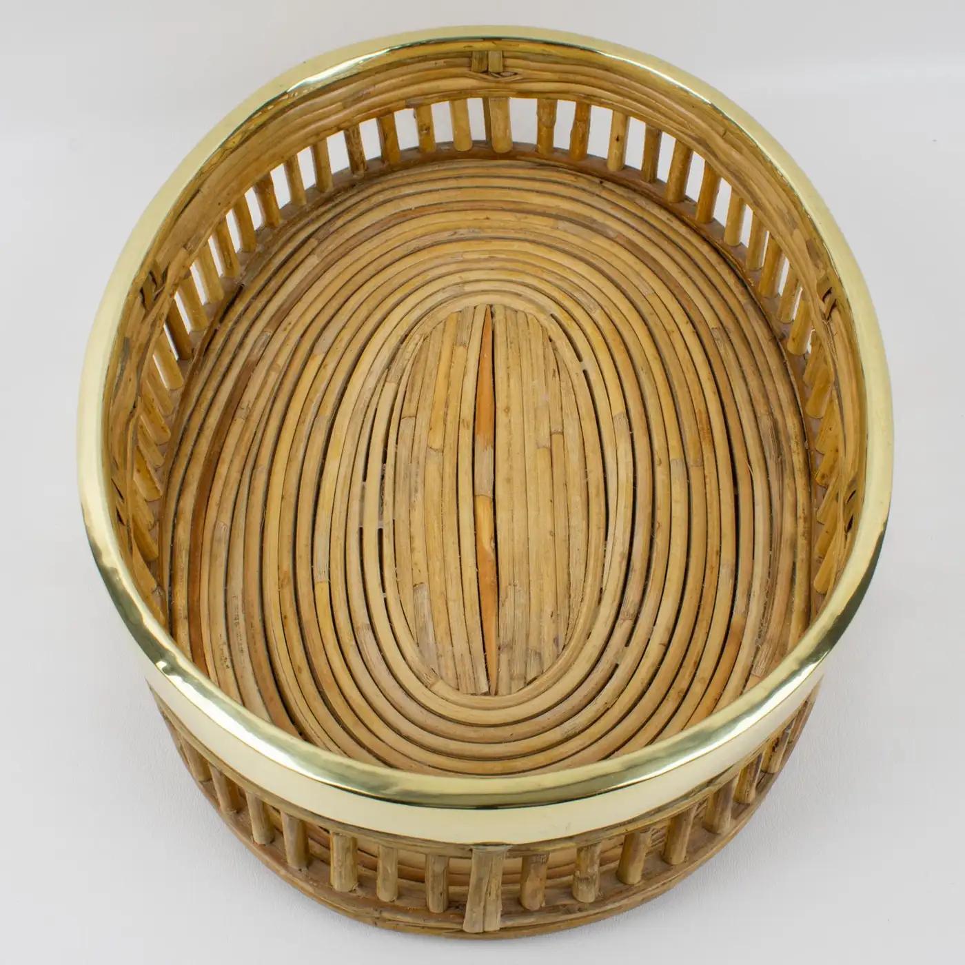 Mid-20th Century Rattan Bamboo Wicker and Brass Bowl Basket Centerpiece, Italy 1960s For Sale