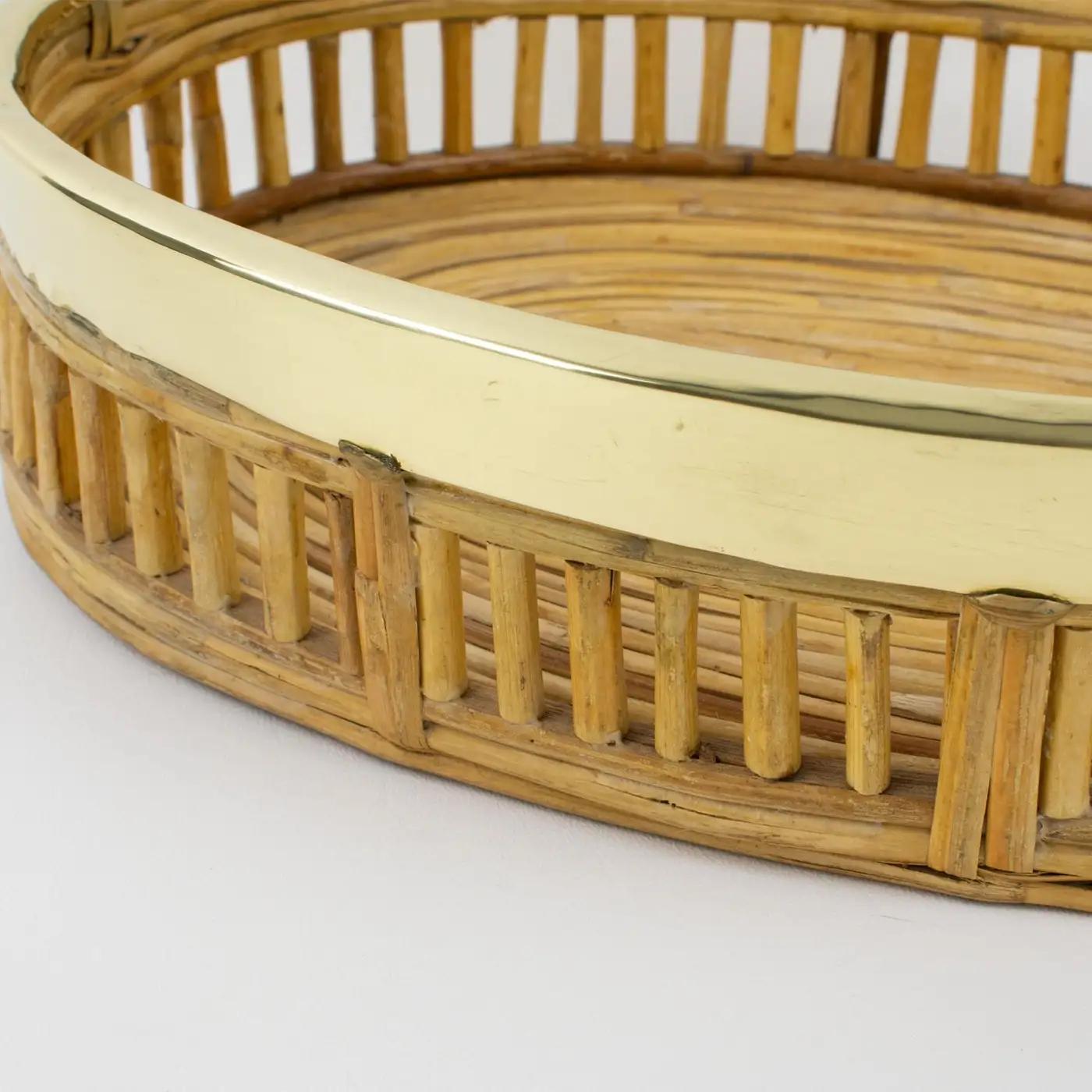 Mid-20th Century Rattan Bamboo Wicker and Brass Bowl Basket Centerpiece, Italy 1960s For Sale