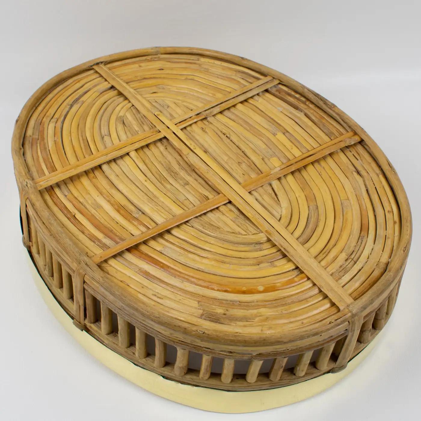 Metal Rattan Bamboo Wicker and Brass Bowl Basket Centerpiece, Italy 1960s For Sale