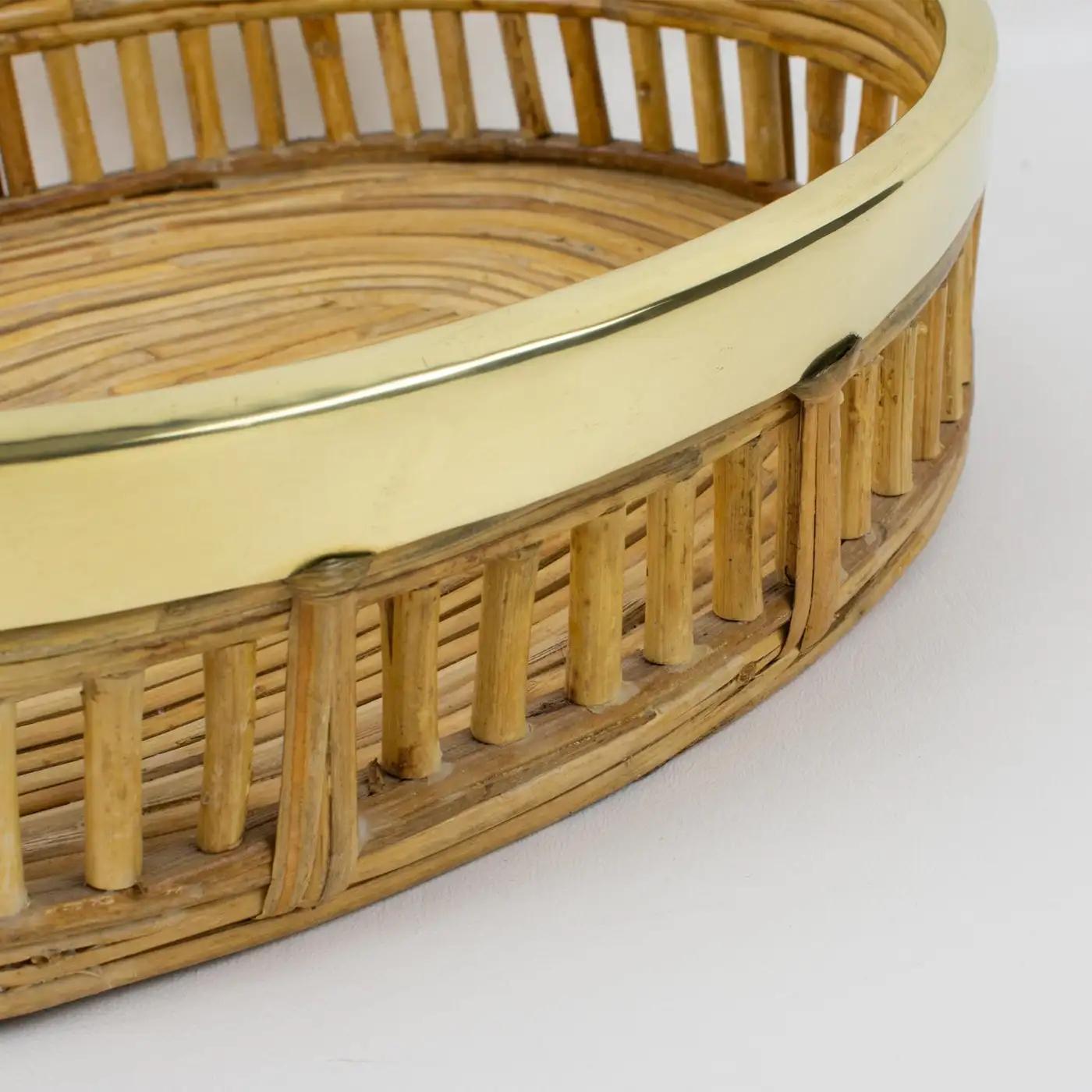 Rattan Bamboo Wicker and Brass Bowl Basket Centerpiece, Italy 1960s For Sale 2