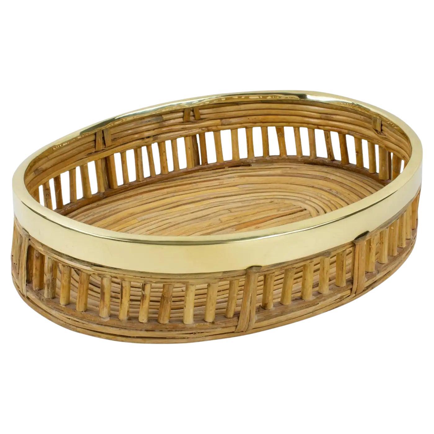 Rattan Bamboo Wicker and Brass Bowl Basket Centerpiece, Italy 1960s For Sale