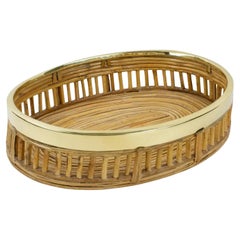 Retro Rattan Bamboo Wicker and Brass Bowl Basket Centerpiece, Italy 1960s