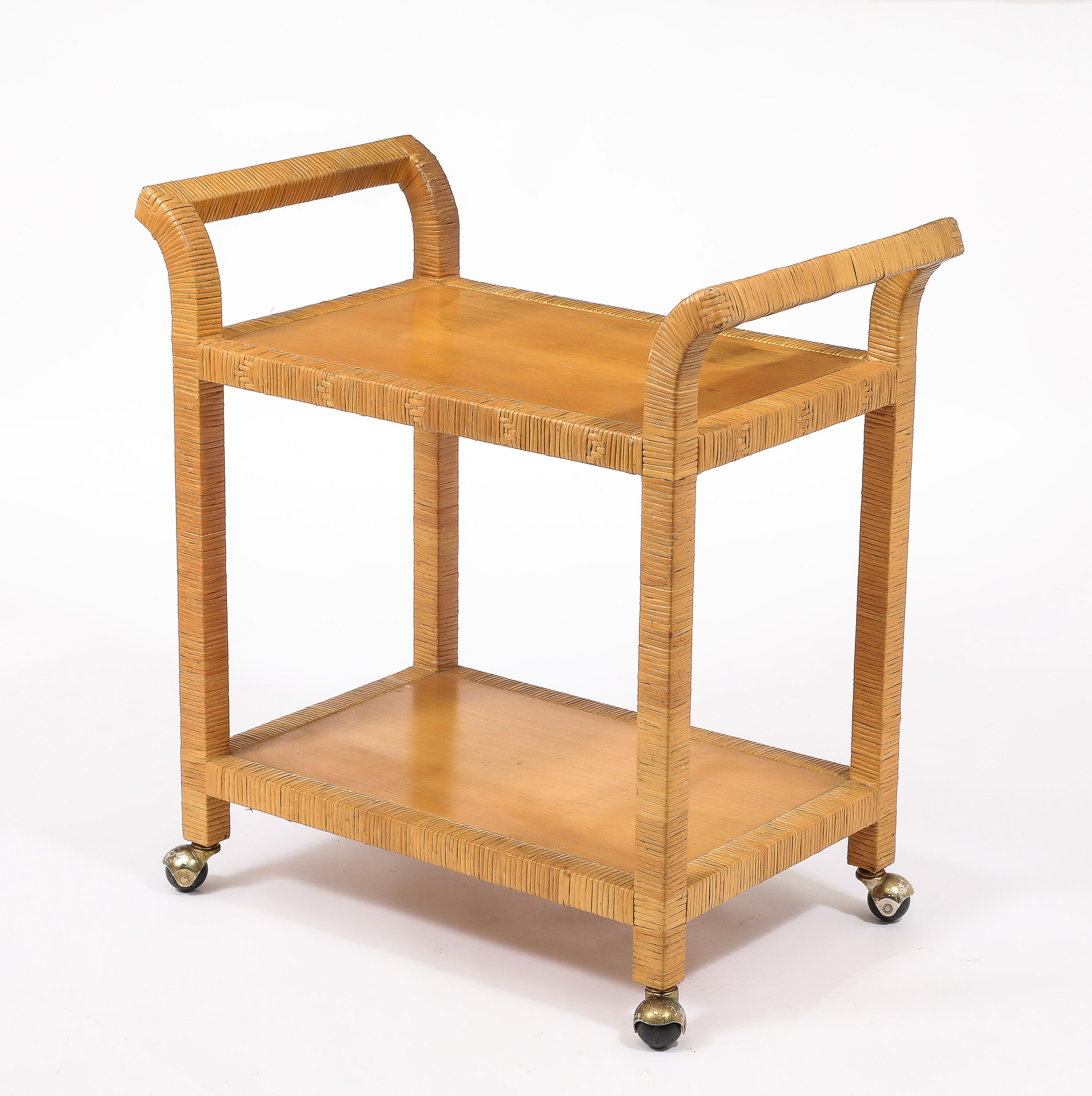 Rattan Bar Cart, USA 1950's In Good Condition For Sale In New York, NY
