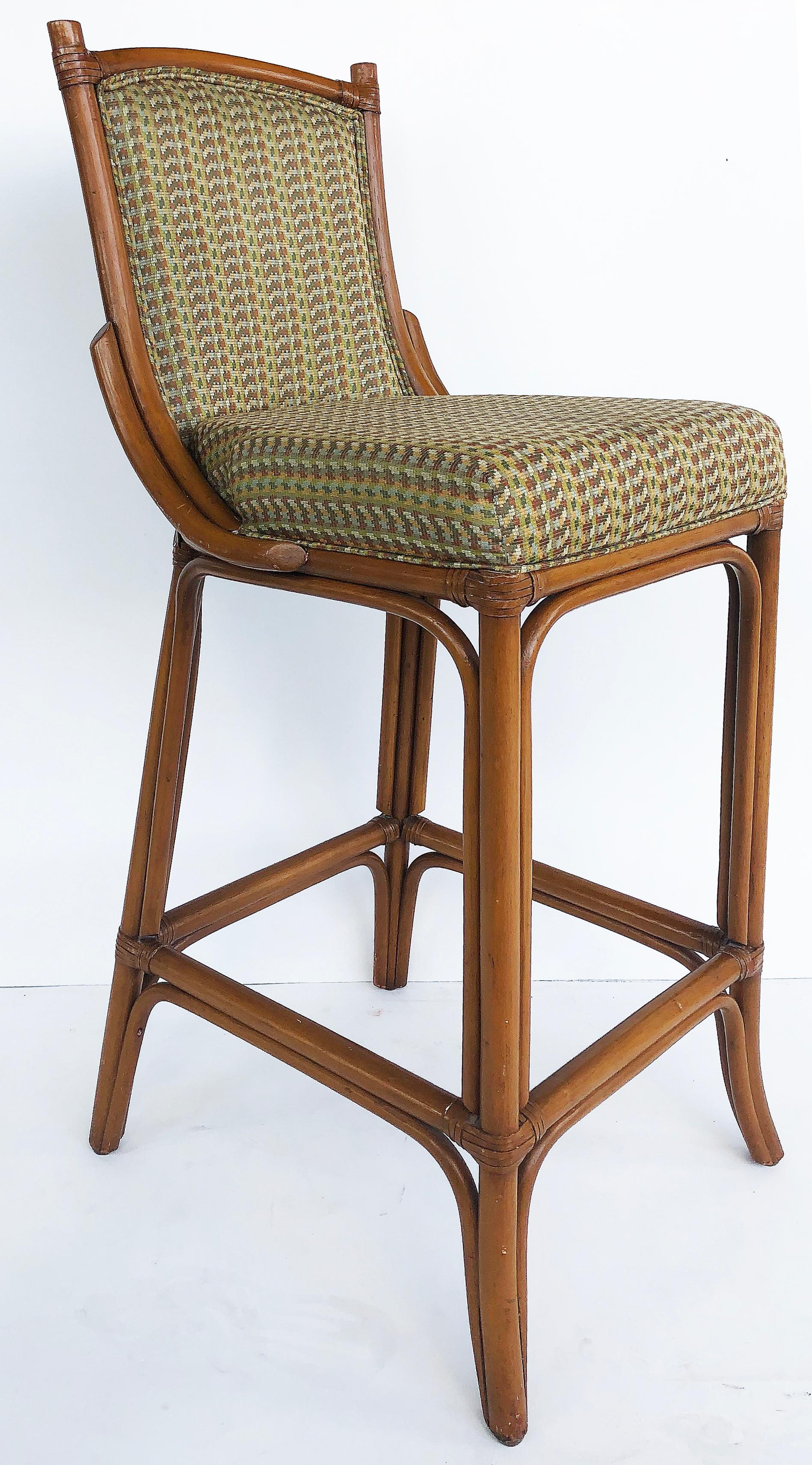 Organic Modern Rattan Look Bar Stools with Leather Wrapping John McGuire Attributed, Pair