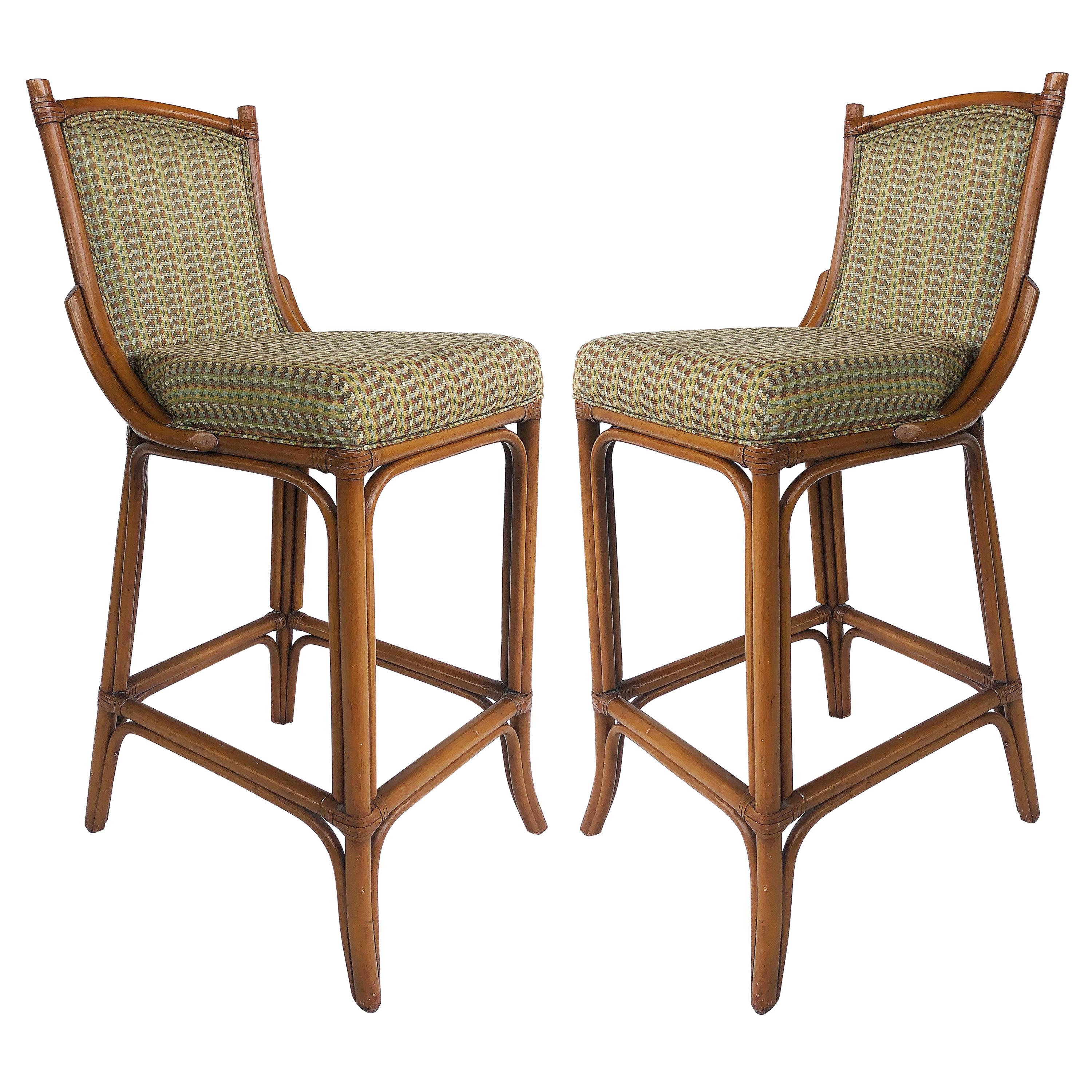 Rattan Look Bar Stools with Leather Wrapping John McGuire Attributed, Pair