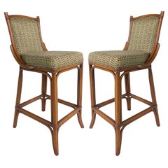 Rattan Look Bar Stools with Leather Wrapping John McGuire Attributed, Pair