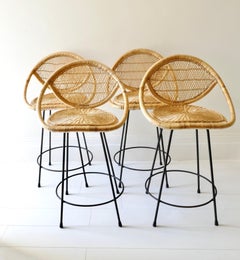Rattan Bar Stools with Black Legs, France, 1970s