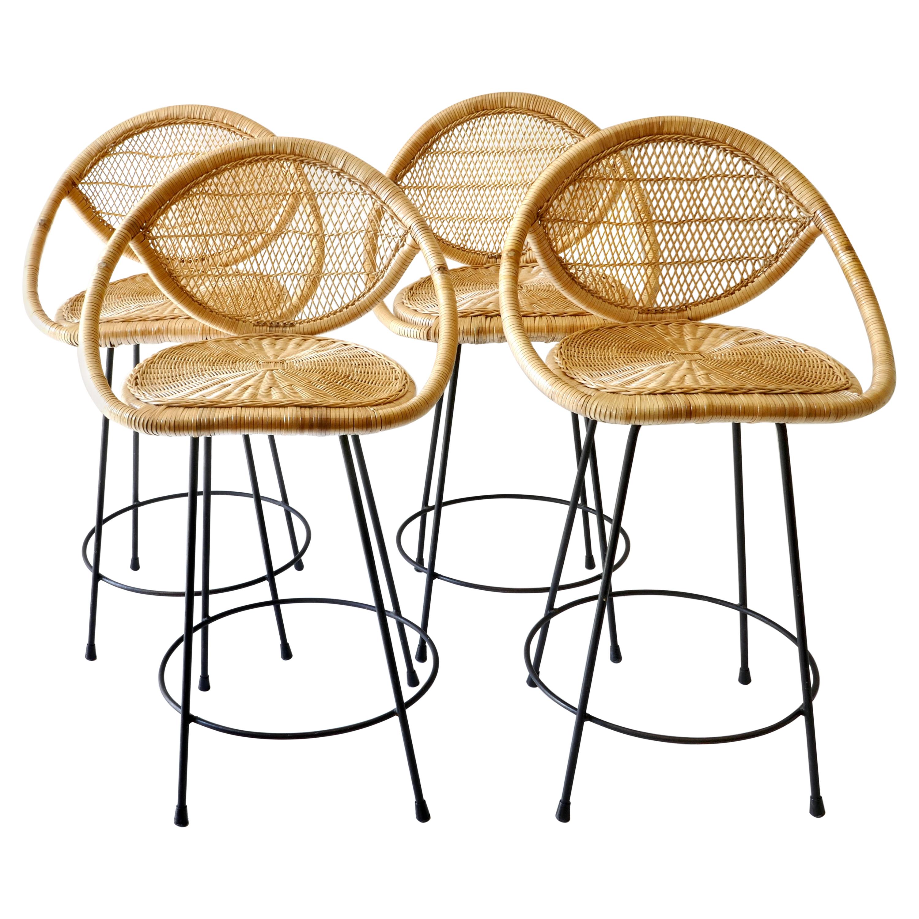 Rattan Bar Stools with Black Legs, France, 1970s