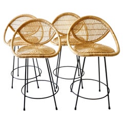 Rattan Bar Stools with Black Legs, France, 1970s