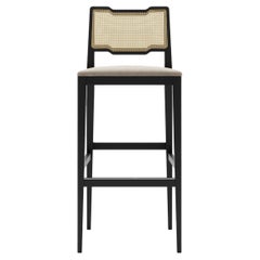 Rattan Barstool in Black Lacquered Frame and Velvet Seat