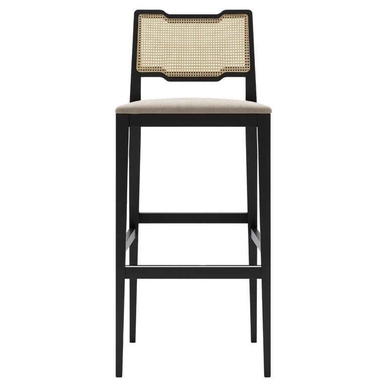 Rattan Barstool in Black Lacquered Frame and Velvet Seat For Sale at