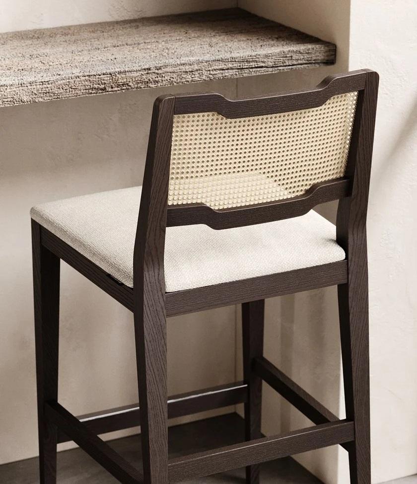 Contemporary Rattan Barstool in Black Lacquered Frame and Velvet Seat