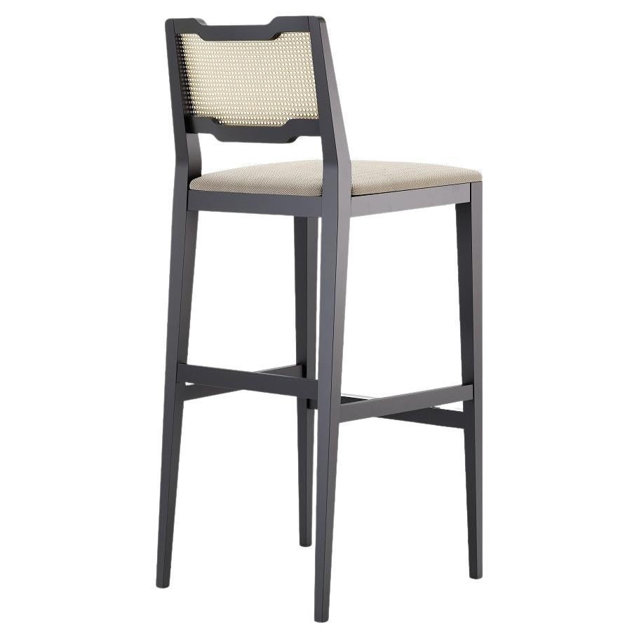 Rattan Barstool in Black Lacquered Frame and Velvet Seat