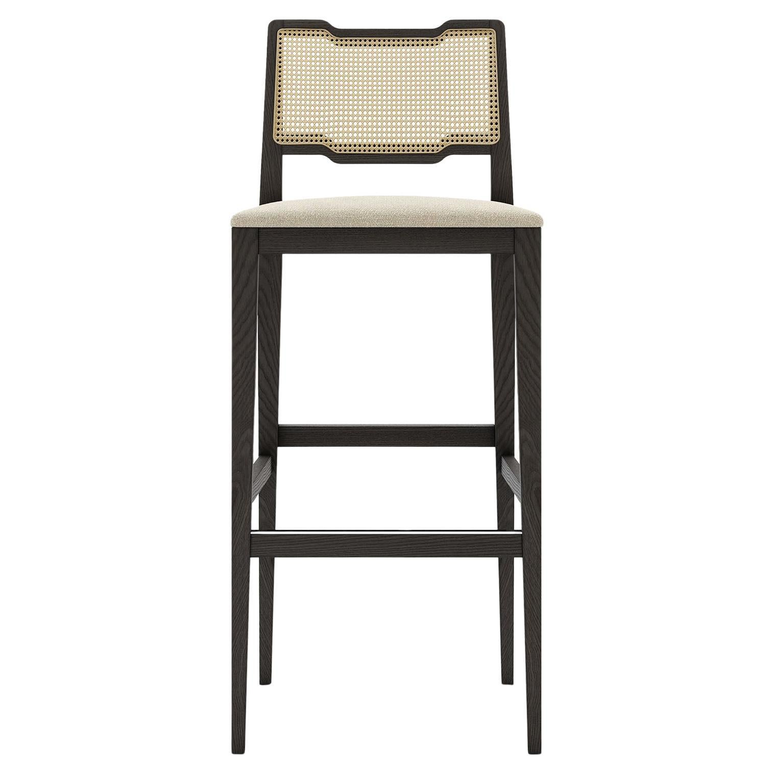 Rattan Barstool in Graphite Ash Frame and Velvet Seat Cushion