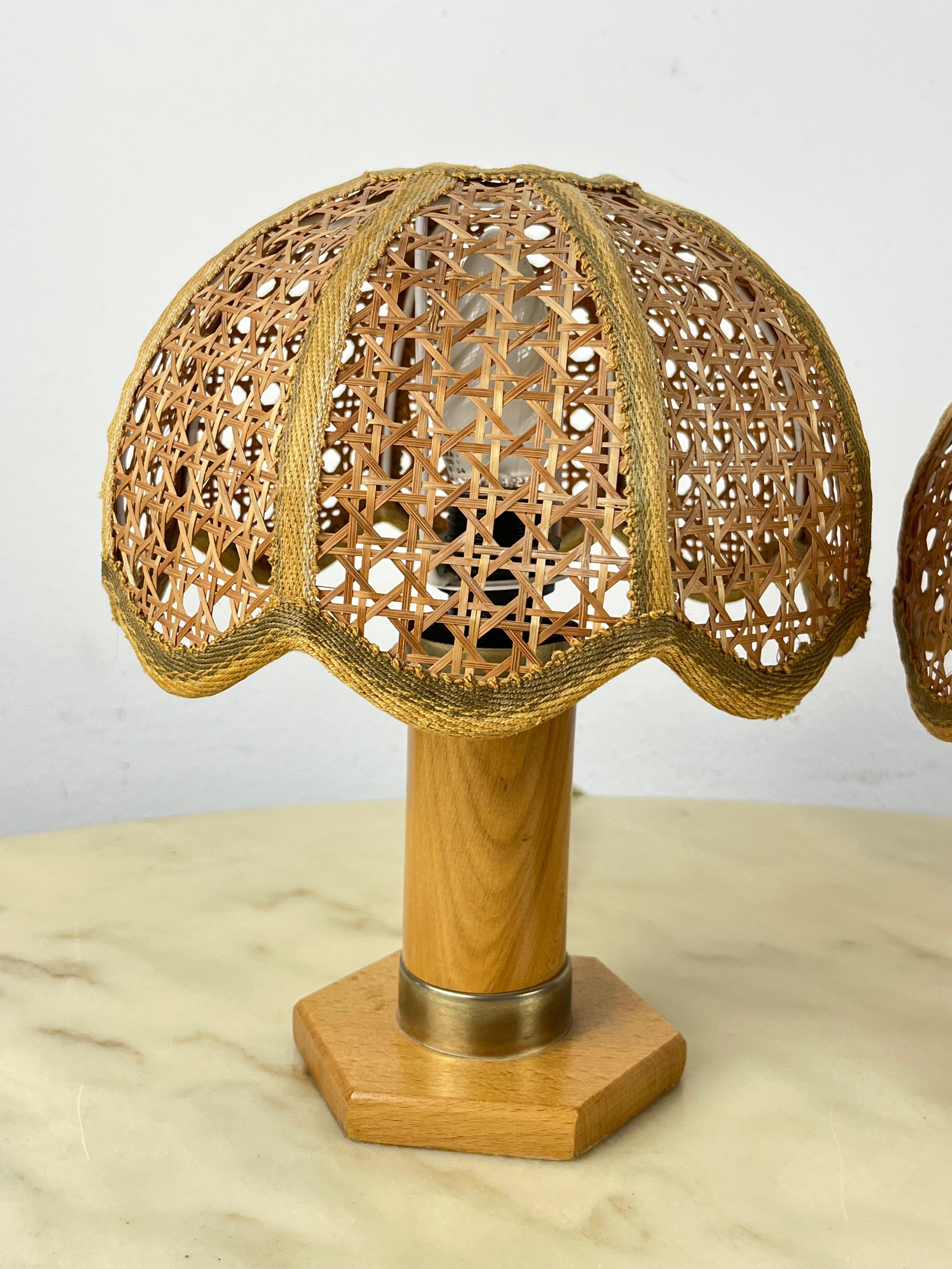 Italian Set of 2 Mid-Century French Riviera Wicker And Rattan Table Lamps 1960s For Sale