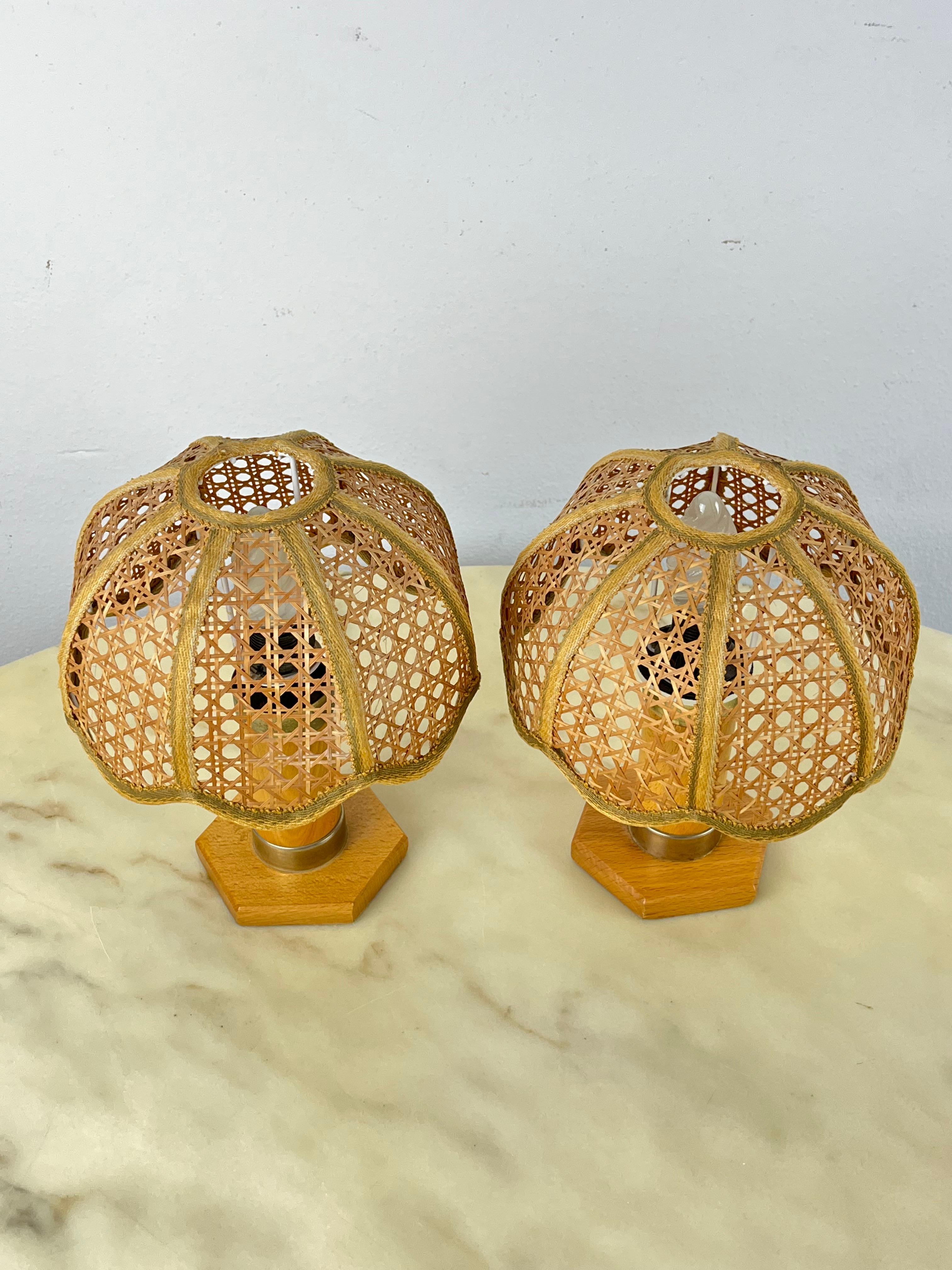 Set of 2 Mid-Century French Riviera Wicker And Rattan Table Lamps 1960s For Sale 1