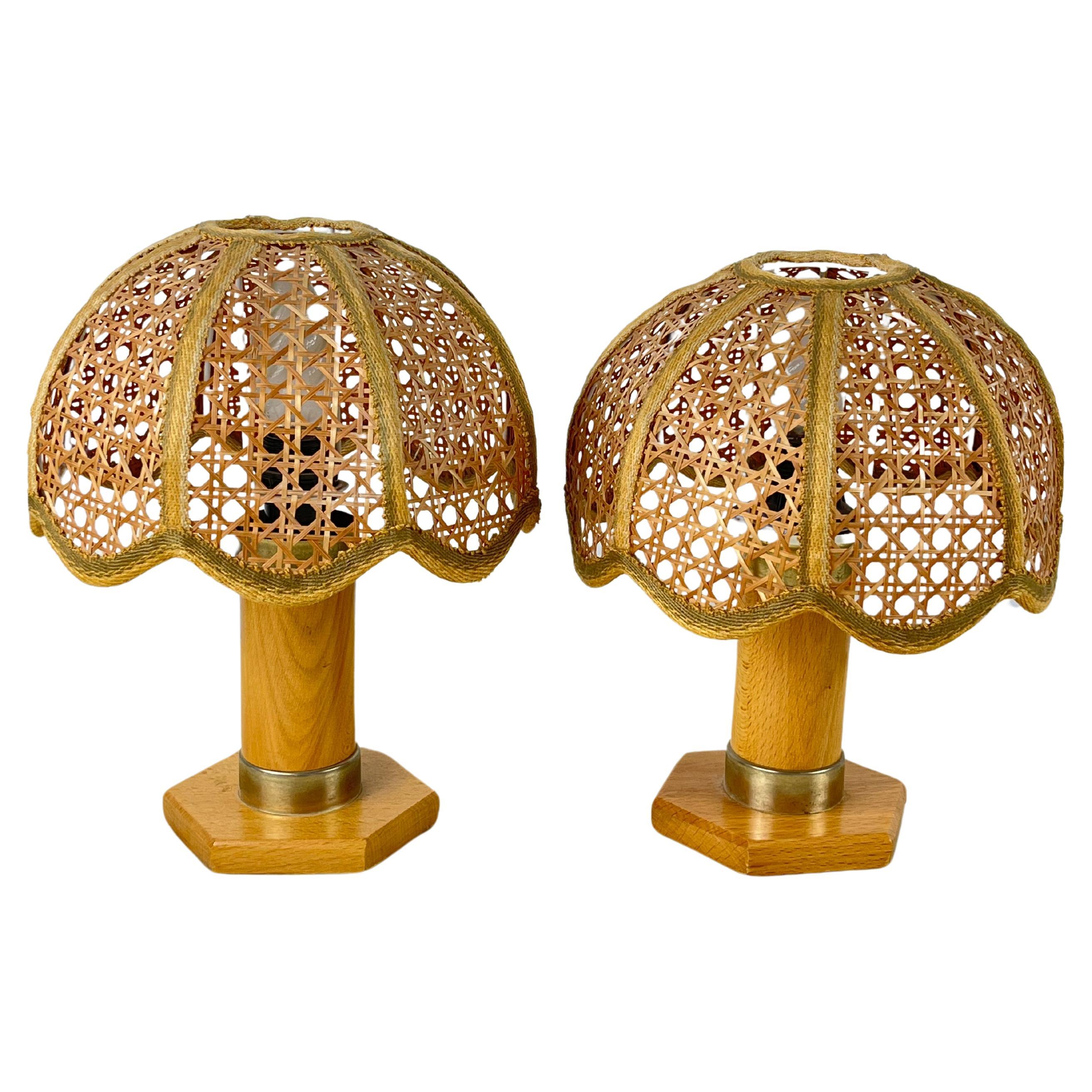 Set of 2 Mid-Century French Riviera Wicker And Rattan Table Lamps 1960s For Sale
