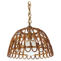 Lampada a sospensione a forma di campana in rattan, Spagna, anni '60