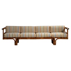 Rattan Bench in Pierre Frey Linen, France Circa 1970