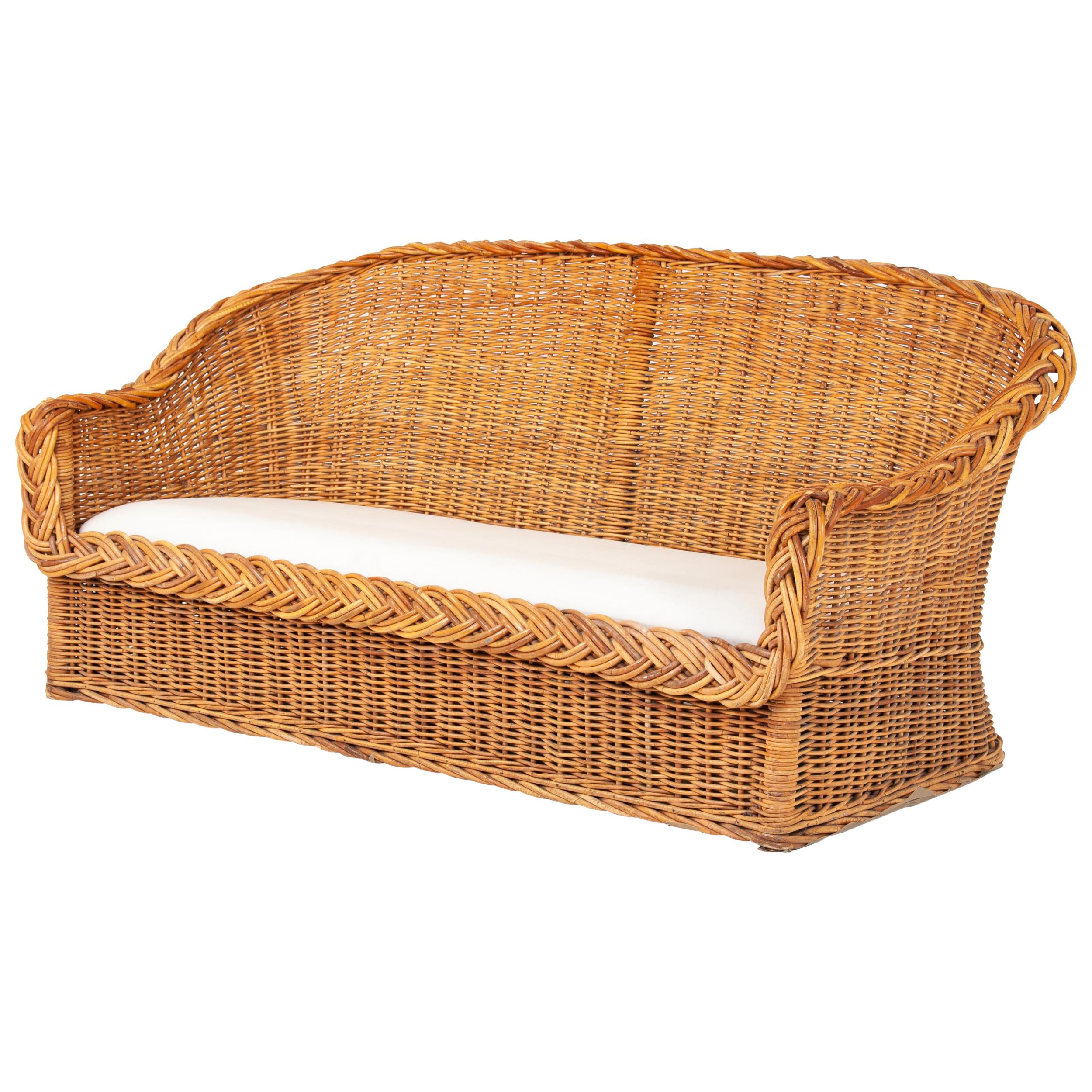Rattan Bench Sofa with Linen Seat