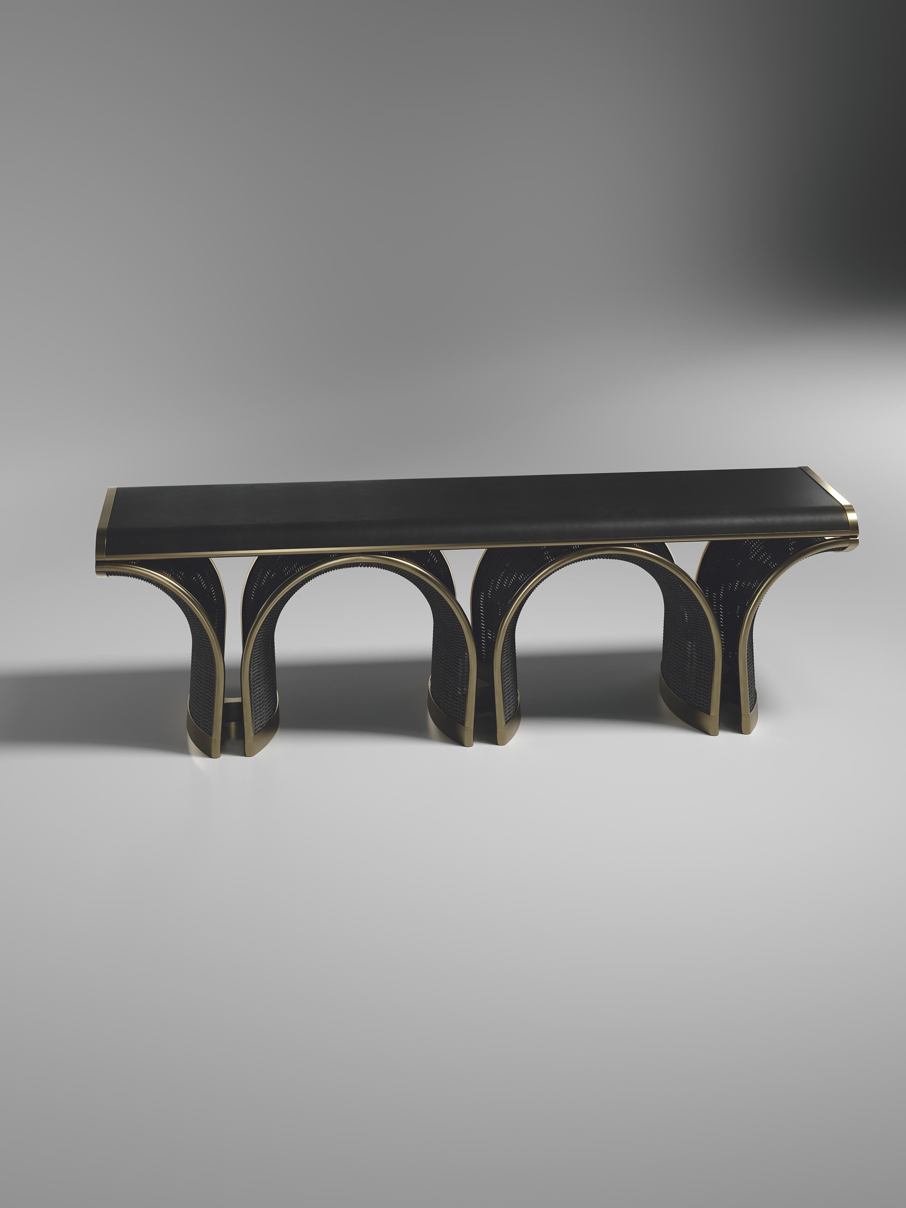 Rattan Bench with Bronze Patina Brass Inlay by R&Y Augousti For Sale 3