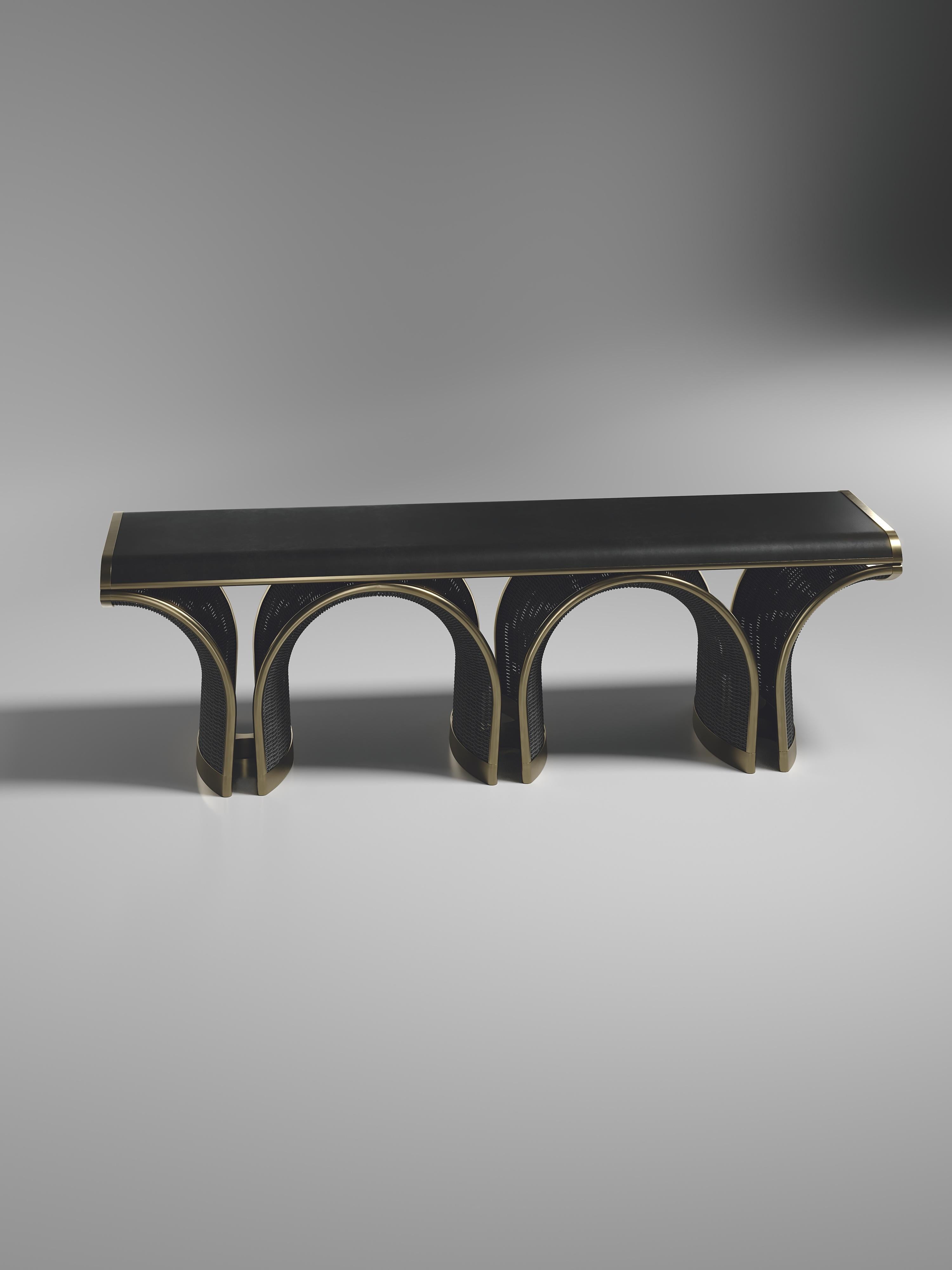 Banc en rotin avec incrustation en laiton patiné bronze par R&Y Augousti en vente 3