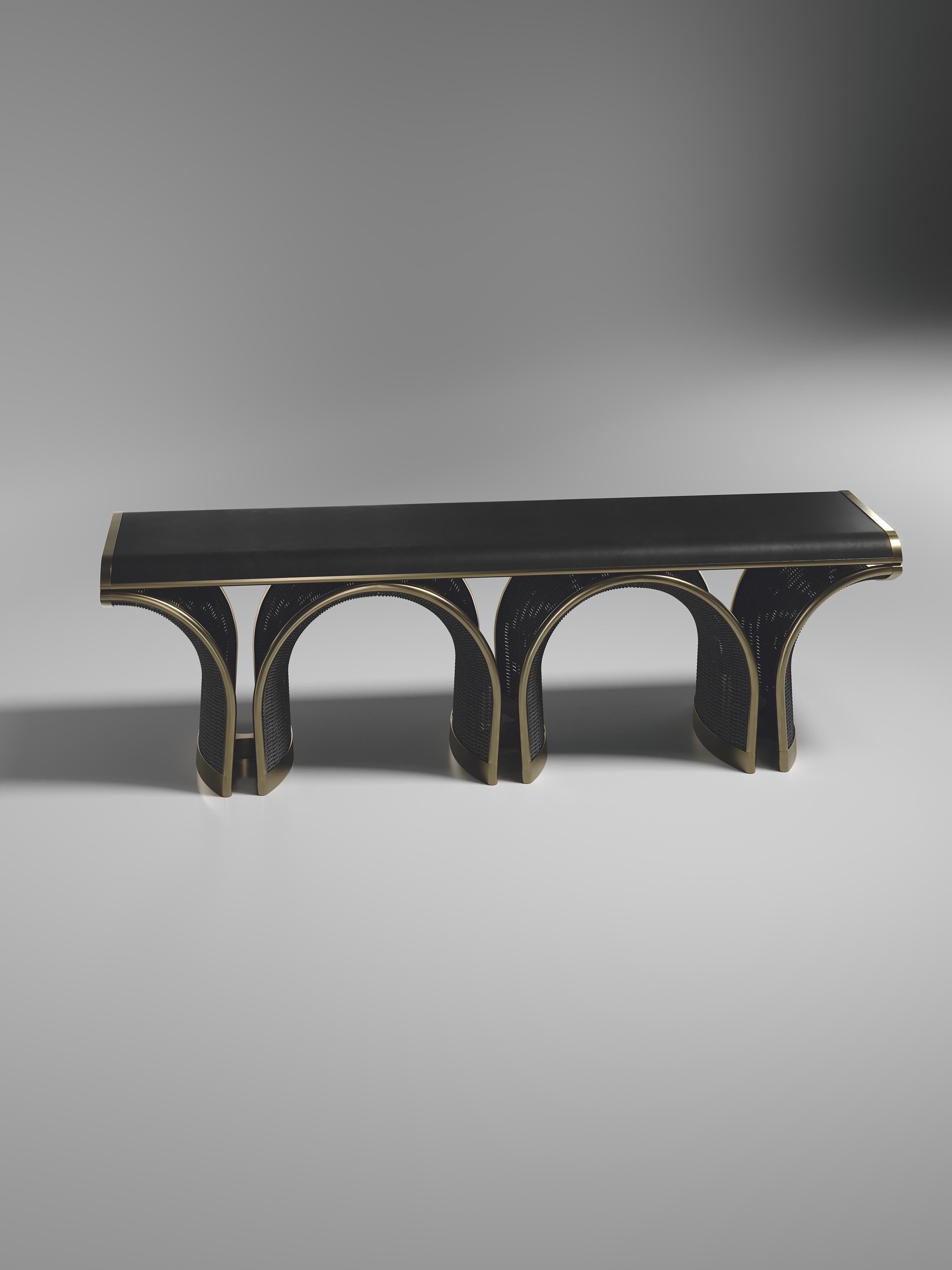 Rattan Bench with Bronze Patina Brass Inlay by R&Y Augousti For Sale 4