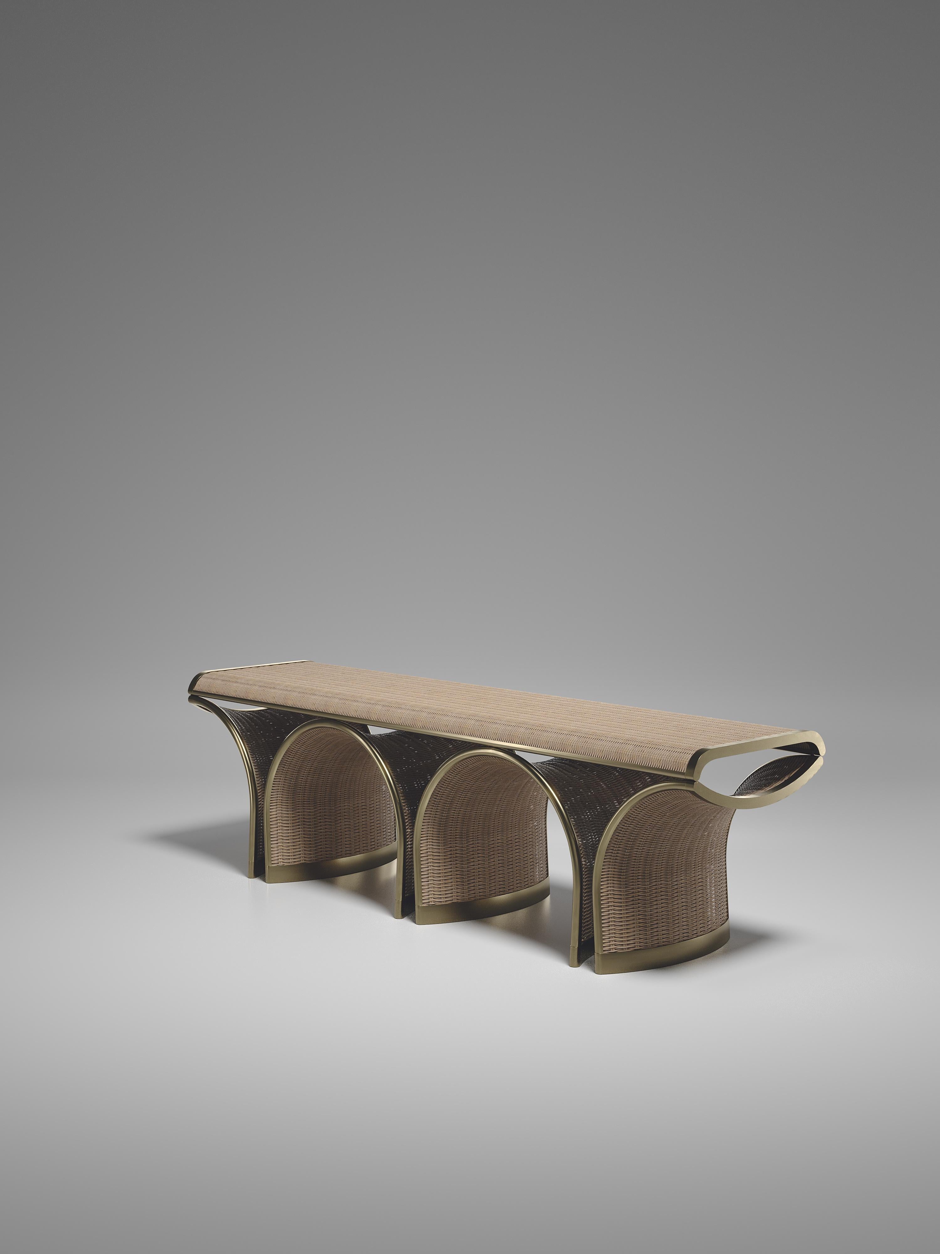 Art déco Banc en rotin avec incrustation en laiton patiné bronze par R&Y Augousti en vente