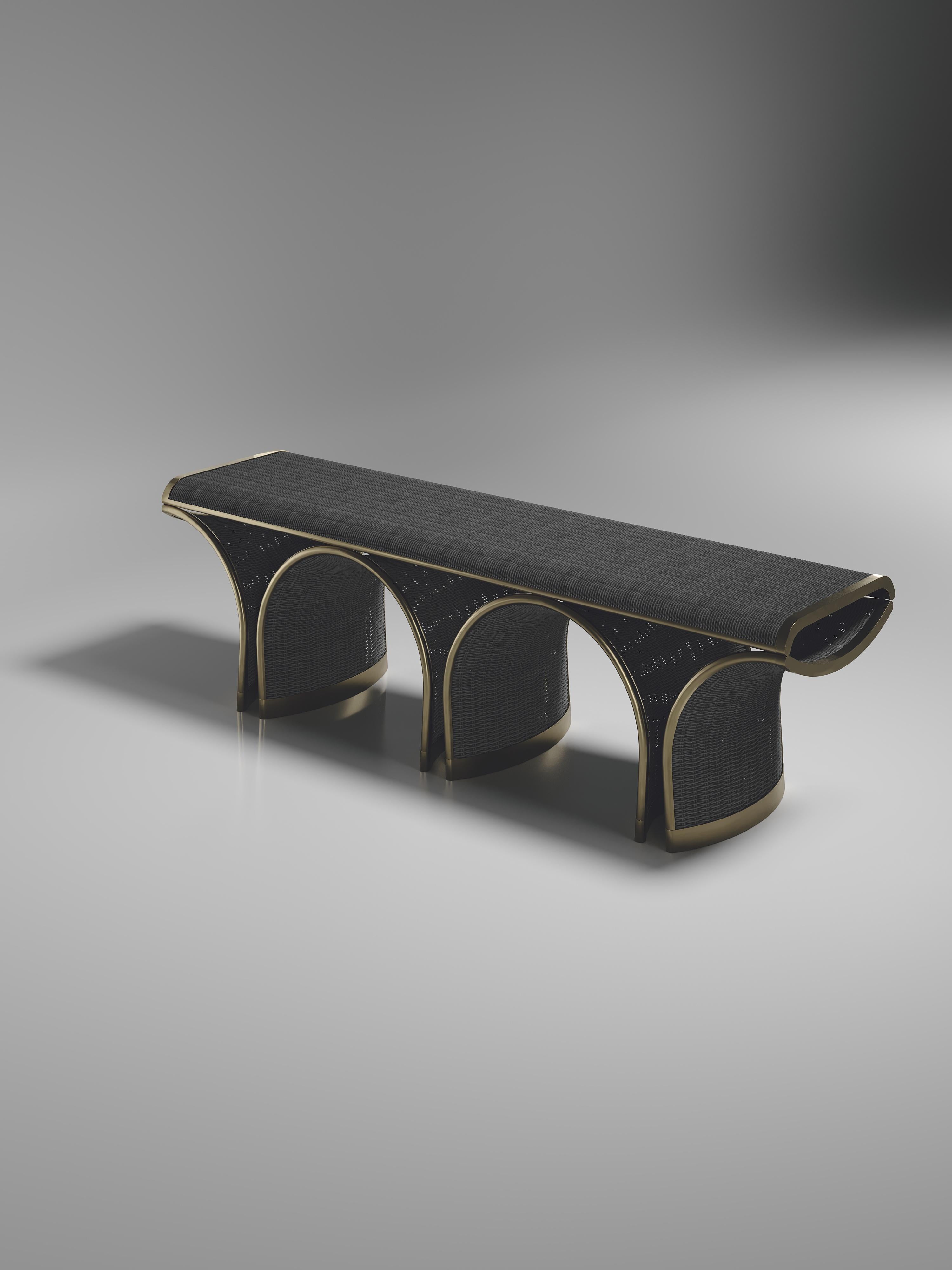 Contemporary Rattan Bench with Bronze Patina Brass Inlay by R&Y Augousti For Sale