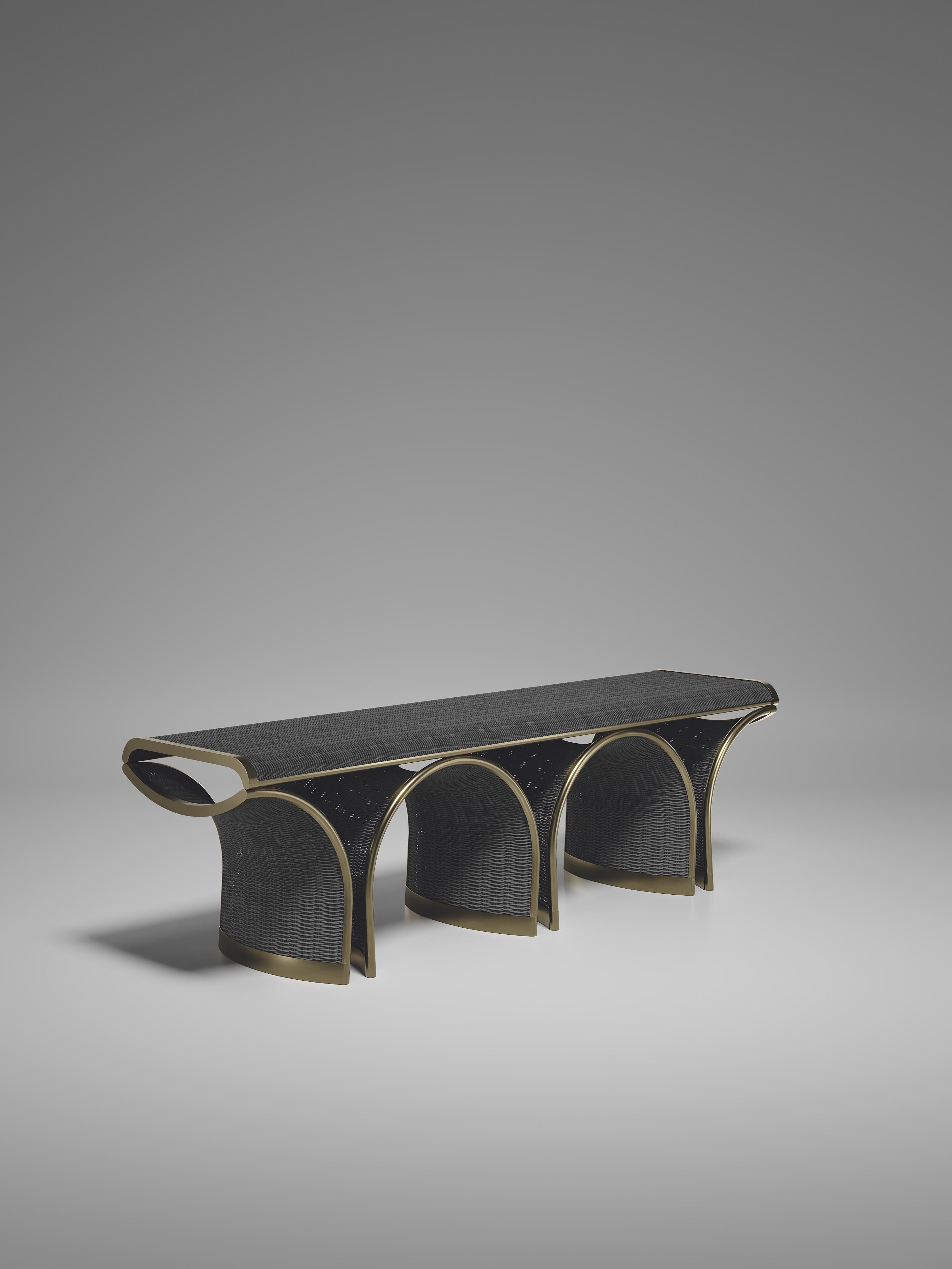 Rattan Bench with Bronze Patina Brass Inlay by R&Y Augousti For Sale 1