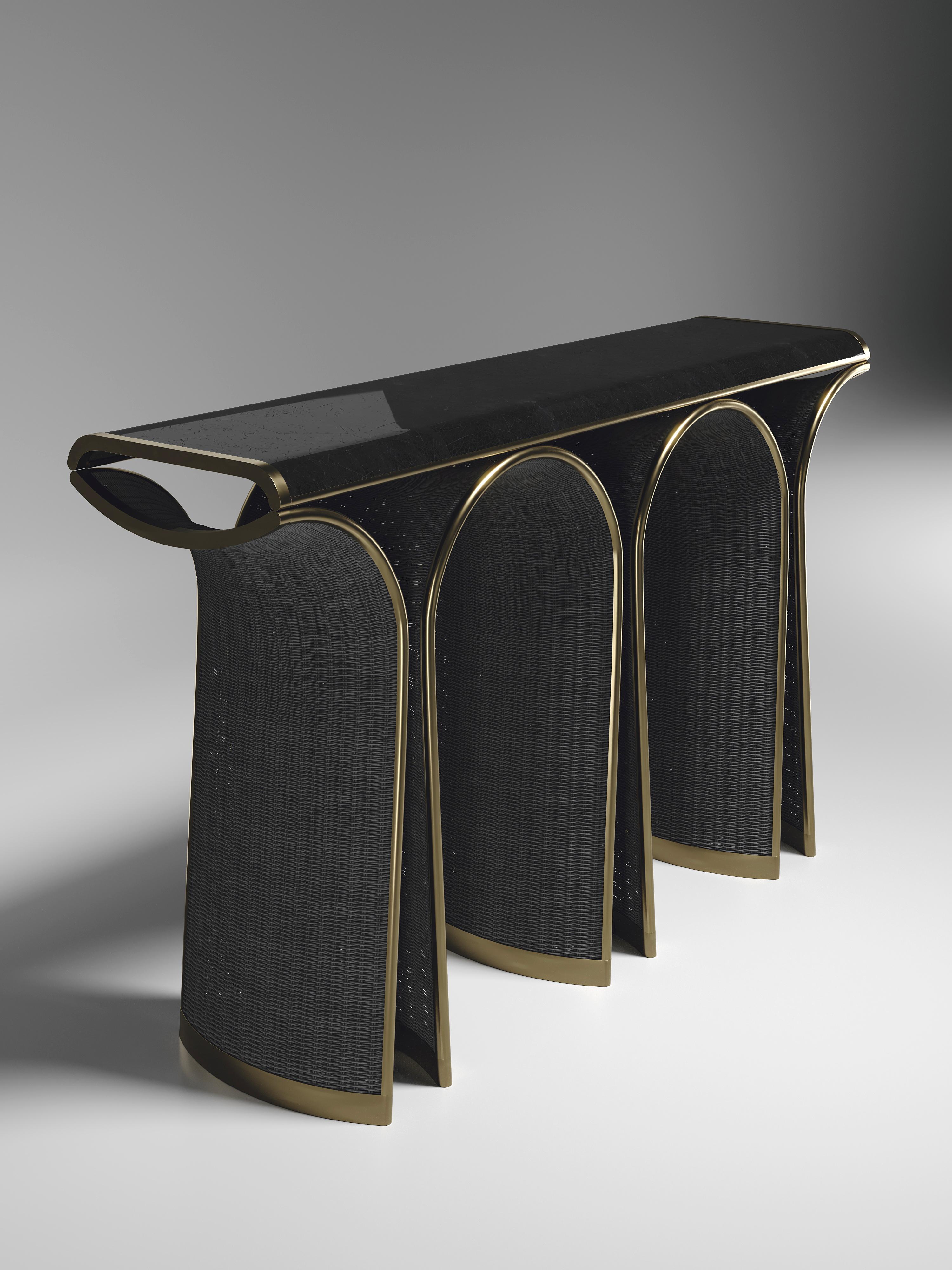 Panchina in rattan con intarsi in ottone in pergamena e bronzo patinato di R & Y Augousti in vendita 4