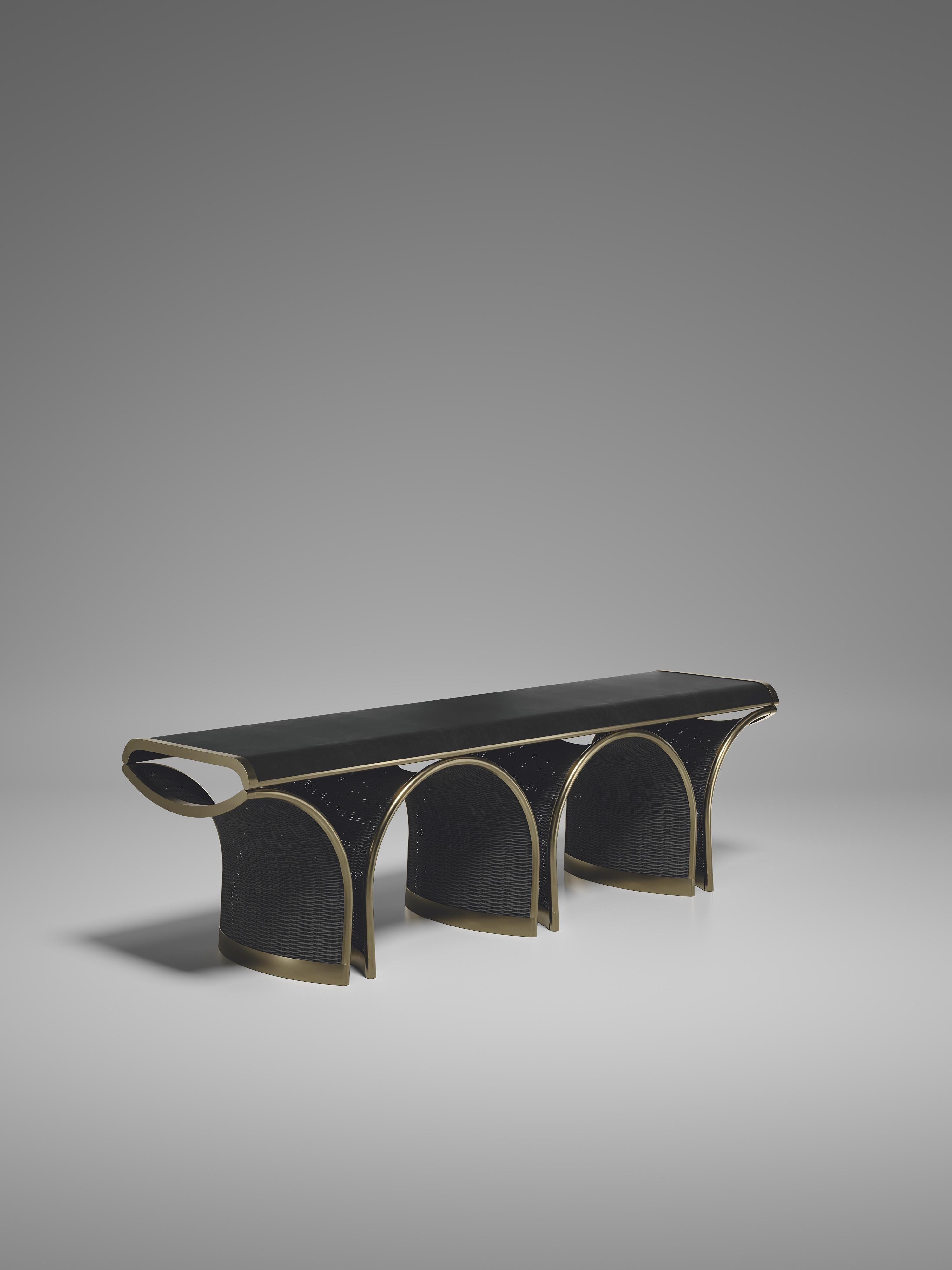 Art Déco Panchina in rattan con intarsi in ottone in pergamena e bronzo patinato di R & Y Augousti in vendita
