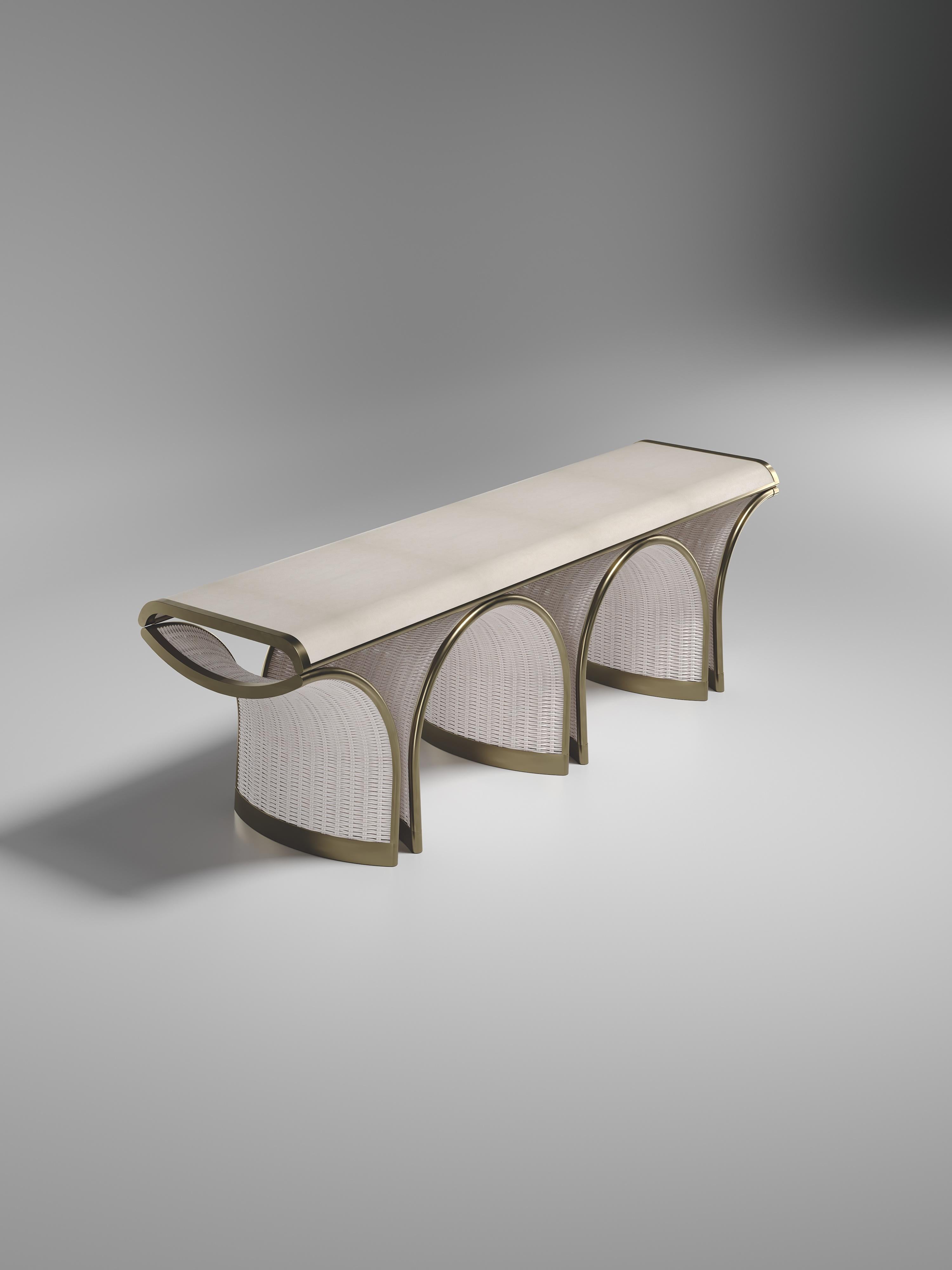 Hand-Crafted Rattan Bench with Parchment and Bronze Patina Brass Inlay by R&Y Augousti For Sale