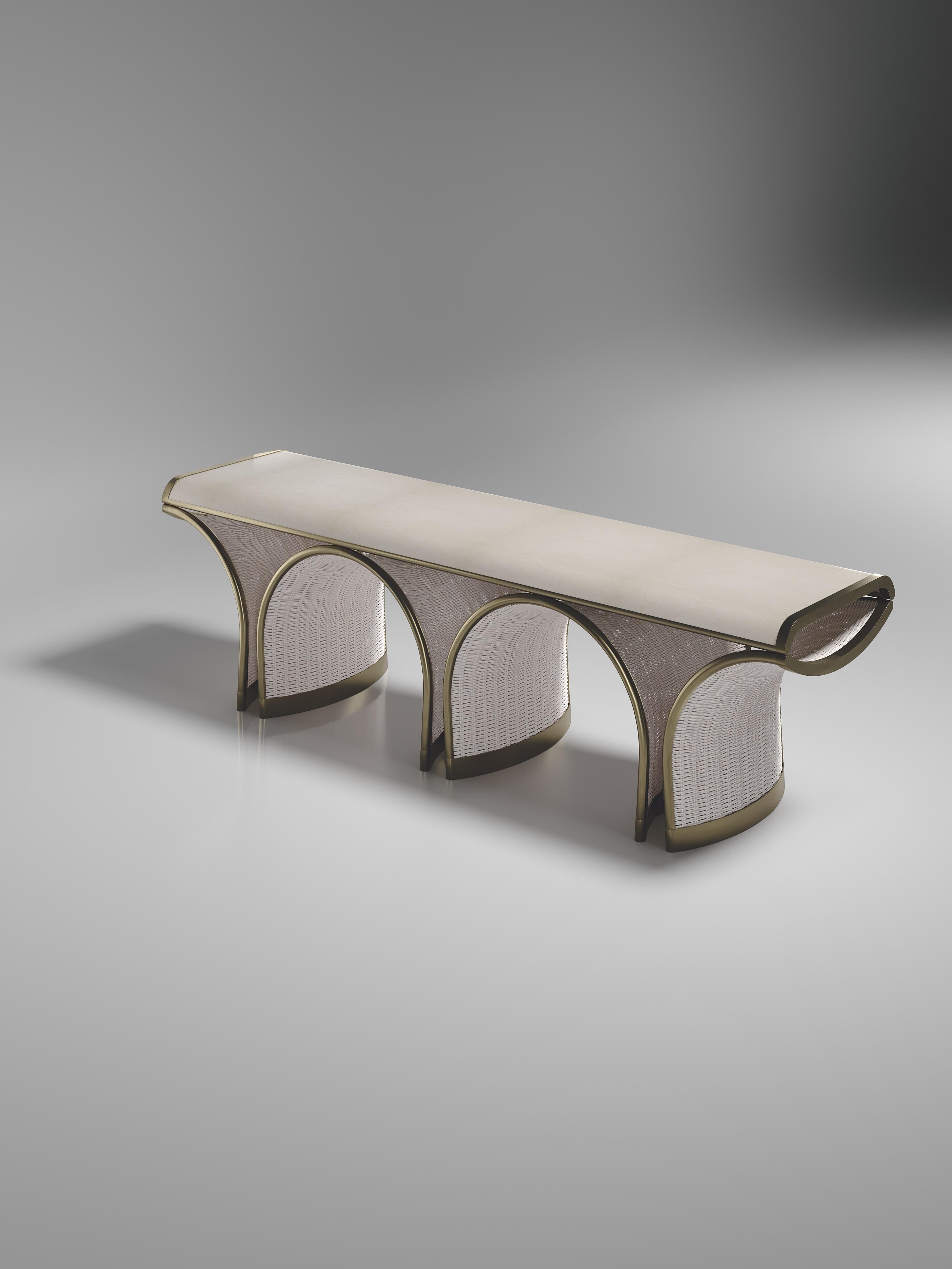 Contemporary Rattan Bench with Parchment and Bronze Patina Brass Inlay by R&Y Augousti For Sale