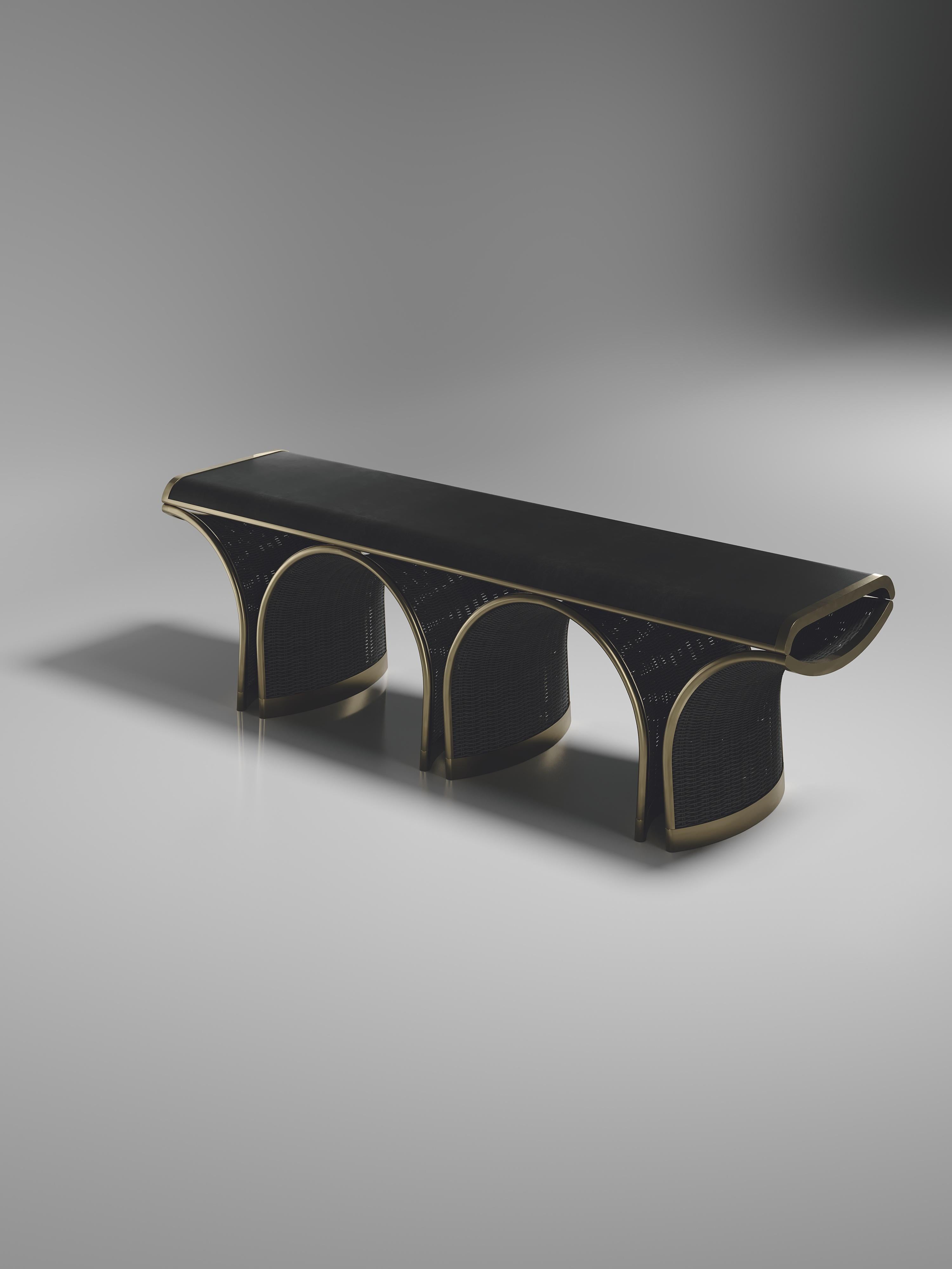 Contemporary Rattan Bench with Parchment and Bronze Patina Brass Inlay by R&Y Augousti For Sale