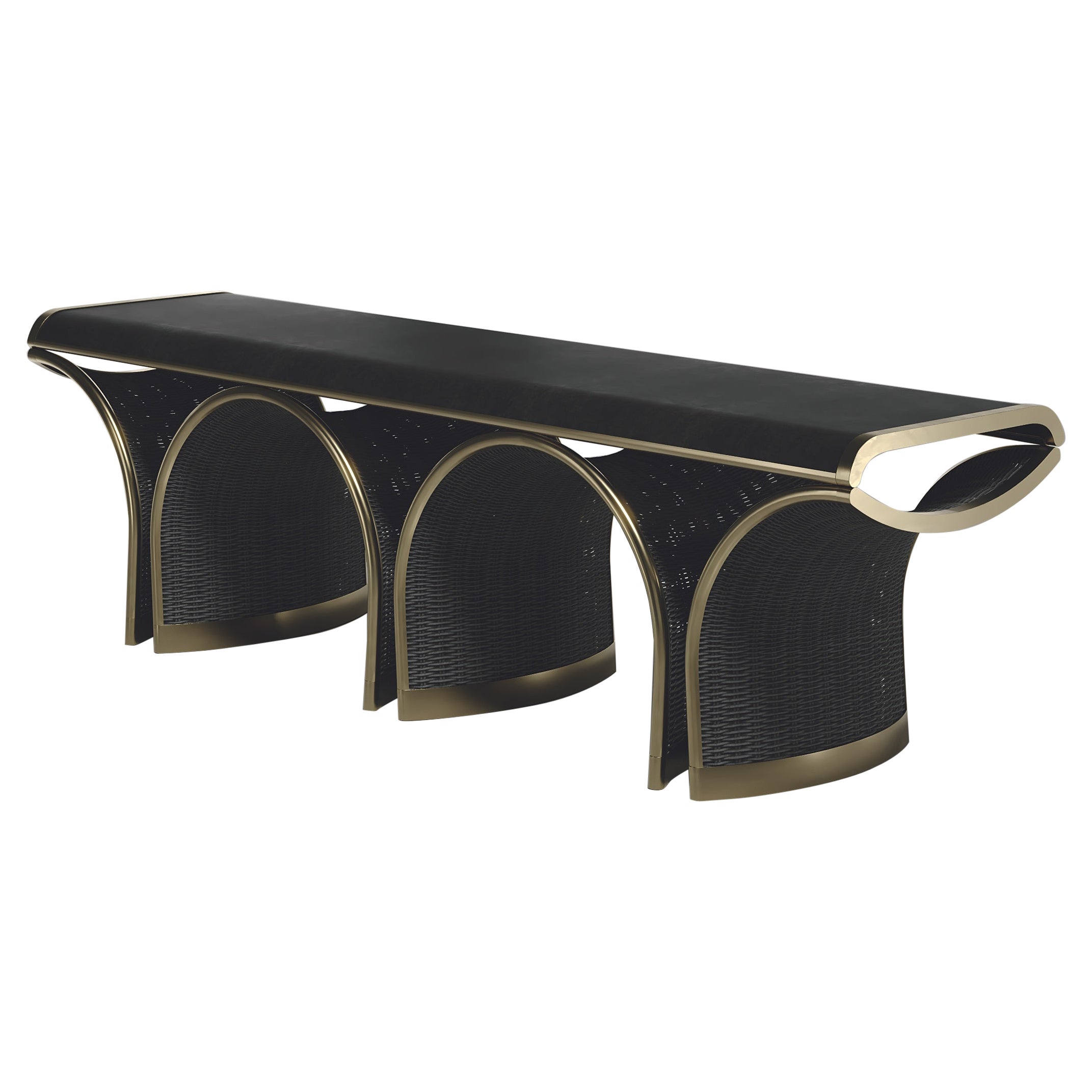 Banc en rotin avec incrustation de laiton parcheminé et patine bronze par R&Y Augousti