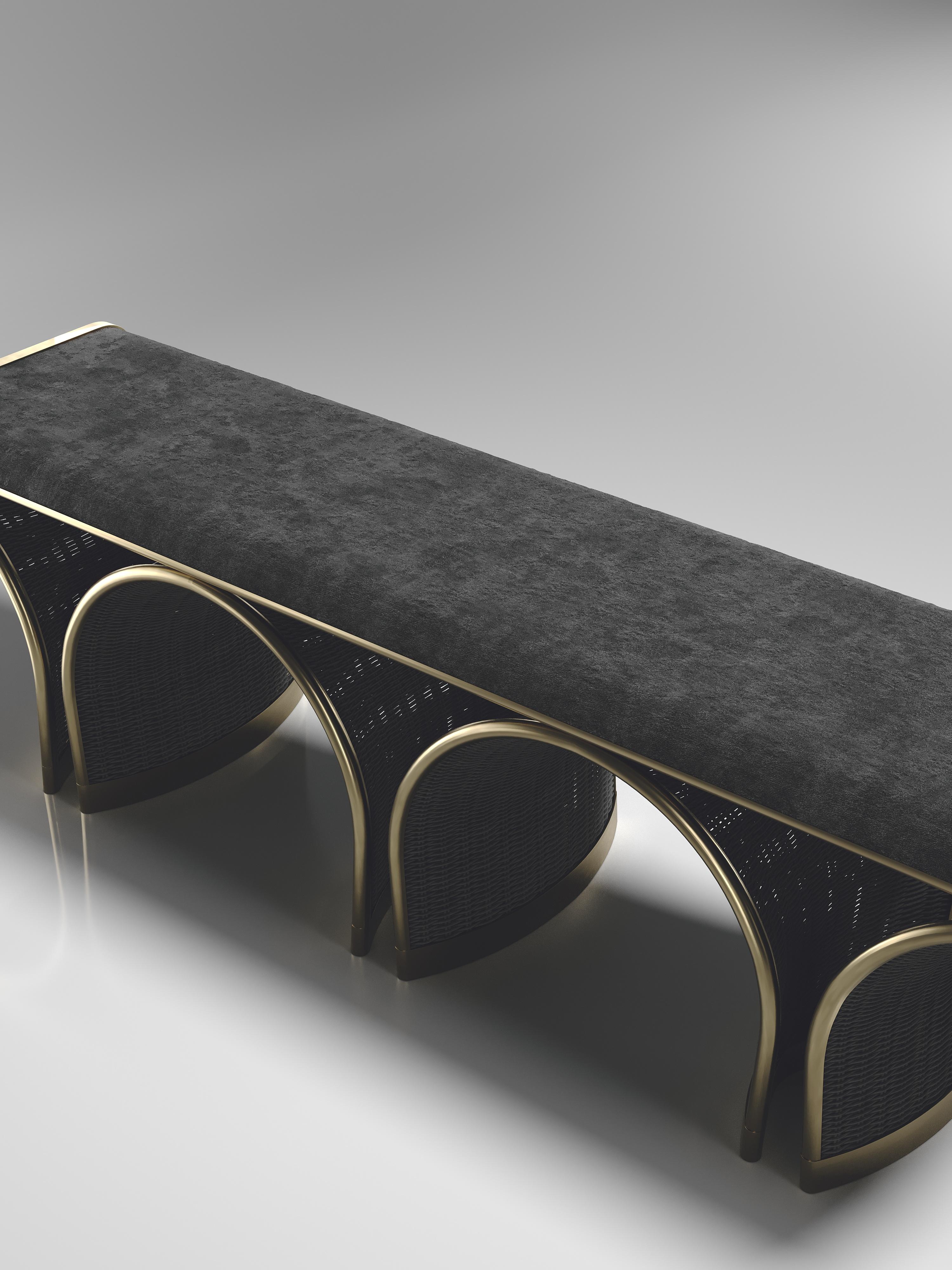 Contemporary Rattan Bench with Velvet Upholstery Brass Inlay by R&Y Augousti For Sale