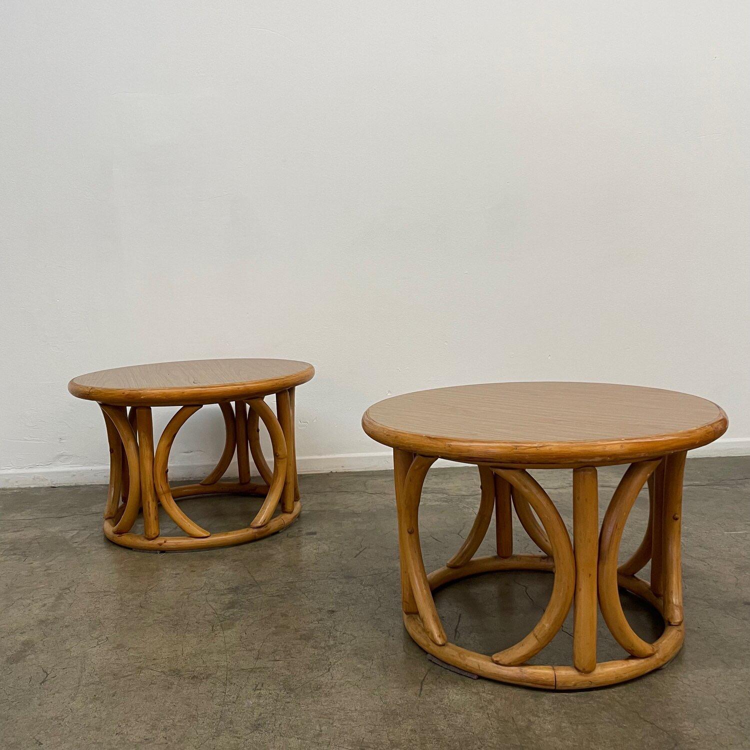 Rattan Bentwood Side Tables with laminate and or Formica surfaces. Tables are structurally sound and in vintage condition. Price is per side table.